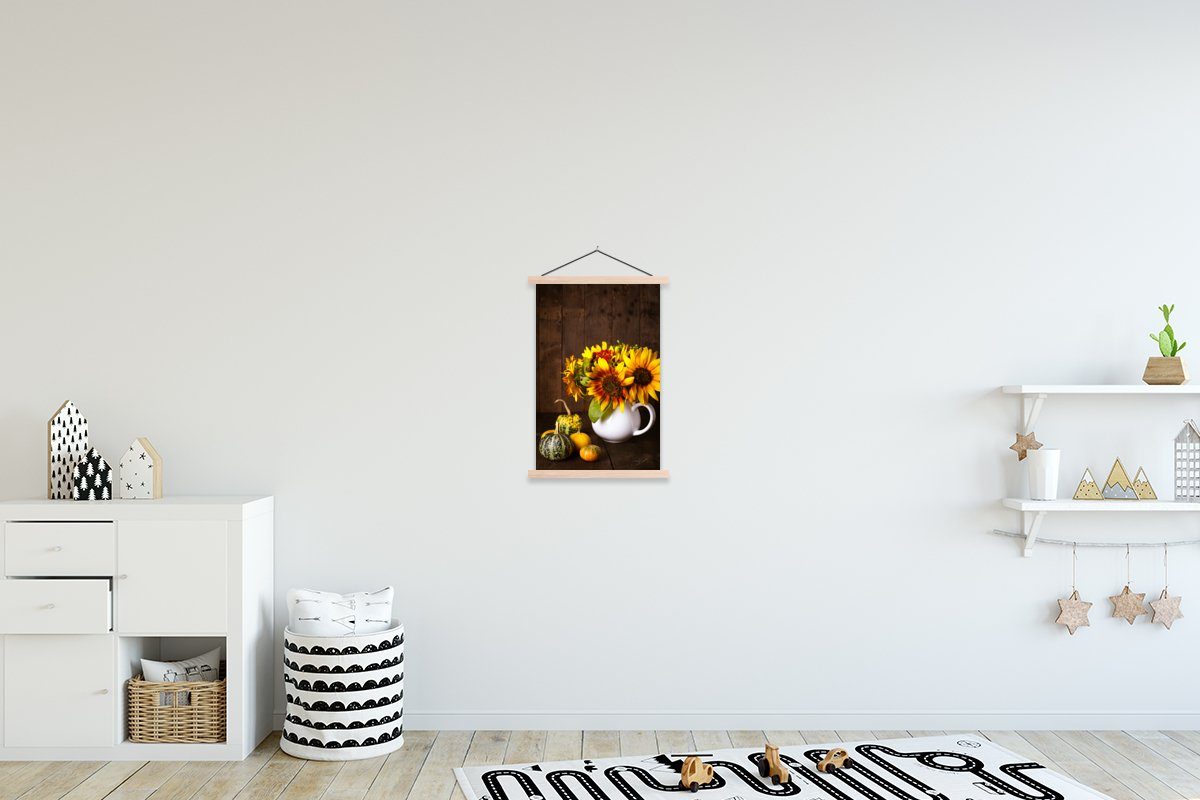 MuchoWow Poster Kürbisse Sonnenblumen Herbst, - St), Wohnzimmer, - Bilderleiste, für (1 Textilposter Posterleiste, Magnetisch