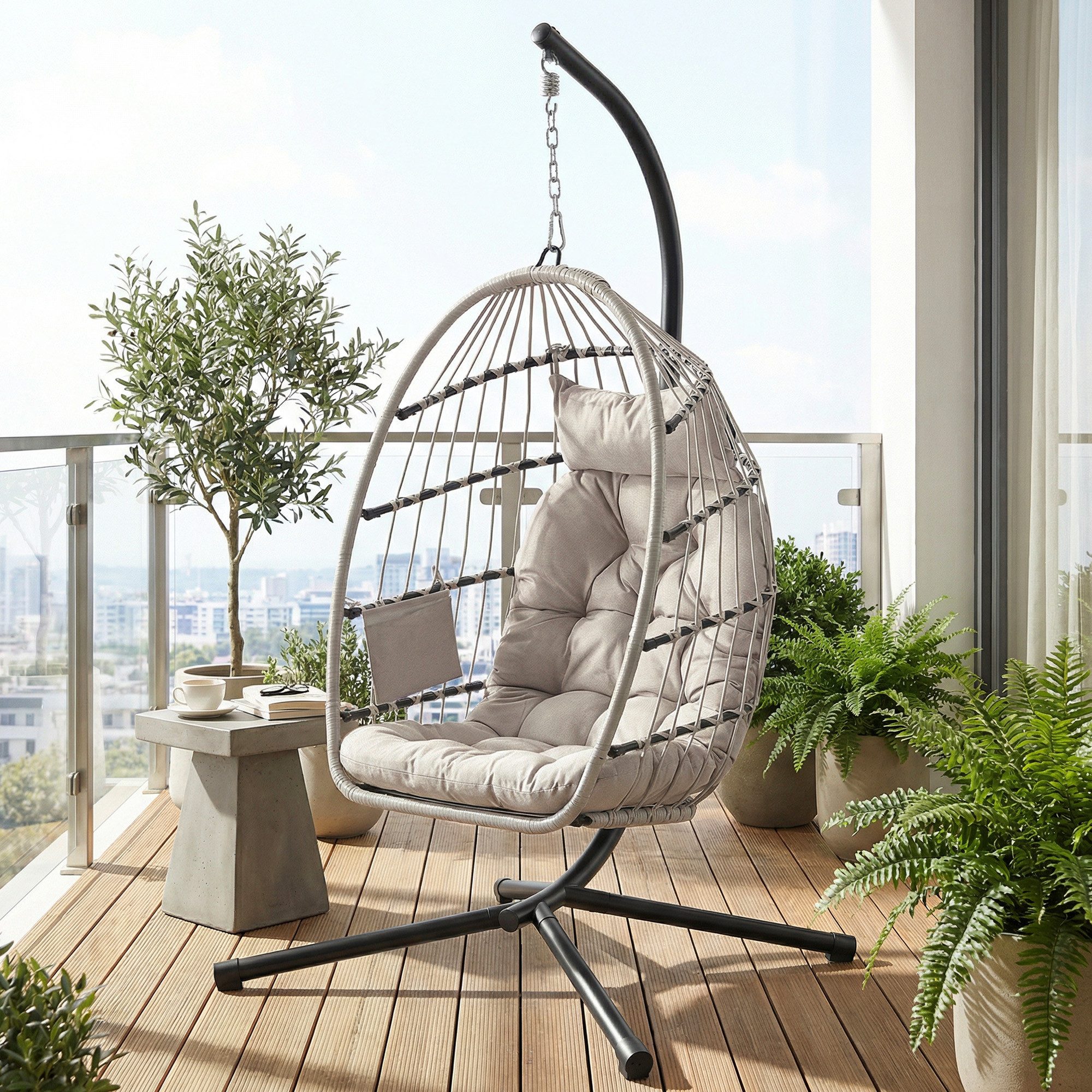 SONGMICS Hängesessel mit Kissen Ei-Design Balkon & Garten inkl. Zubehörpaket & Anleitung, Schaukelstuhl mit Gestell, klappbarer Korbsessel höhenverstellbar