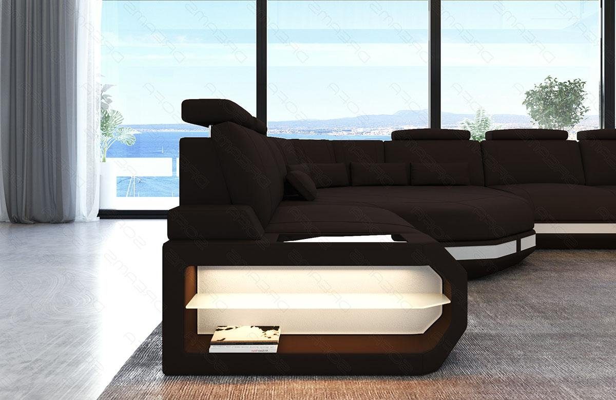 Dreams Mokka-Weiss Sofa Asti USB Wohnlandschaft Sofa Couch mit, Stoffsofa Mini Stoff U C92 Polster LED,