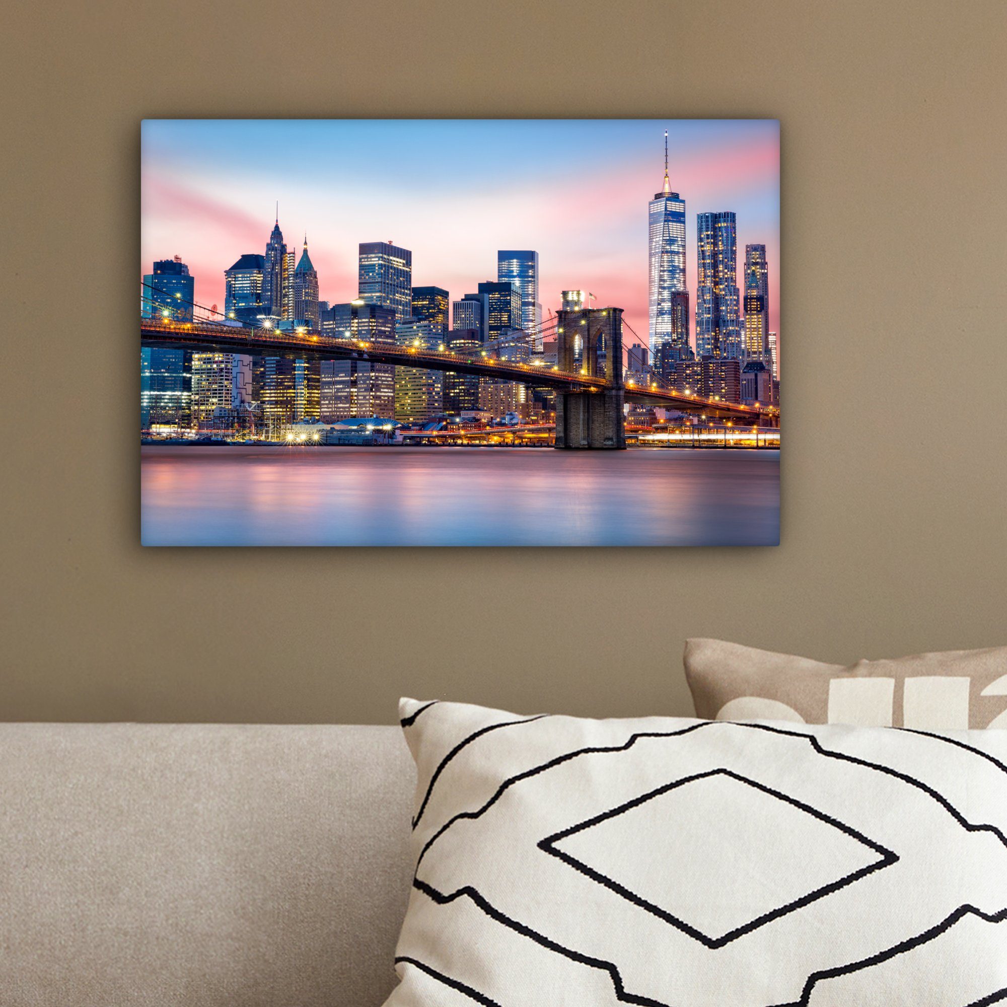 OneMillionCanvasses® Leinwandbild New York - Brooklyn-Brücke - Beleuchtung, Fotodruck (1 St), Leinwand Bilder Klein, Wand Dekoration Aesthetic 30x20 cm – Bild 4 von 5