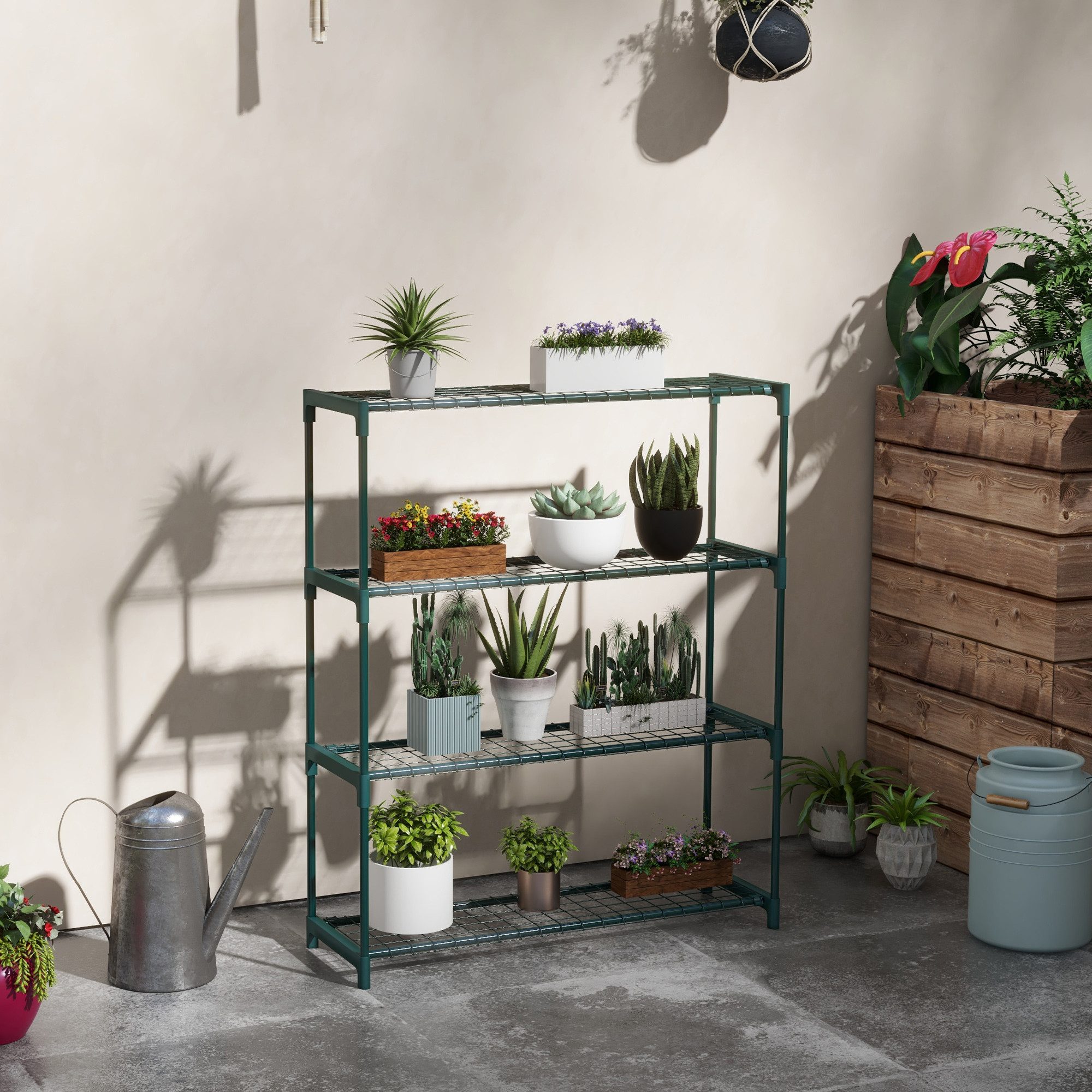 Outsunny Pflanzentreppe Pflanzenregal, Blumenständer mit 4 Ebenen, für Garten, Balkon (Pflanzenregal, 1 St., Blumenregal), für Garten, Balkon, Stahl, Dunkelgrün, 89 x 28 x 107 cm