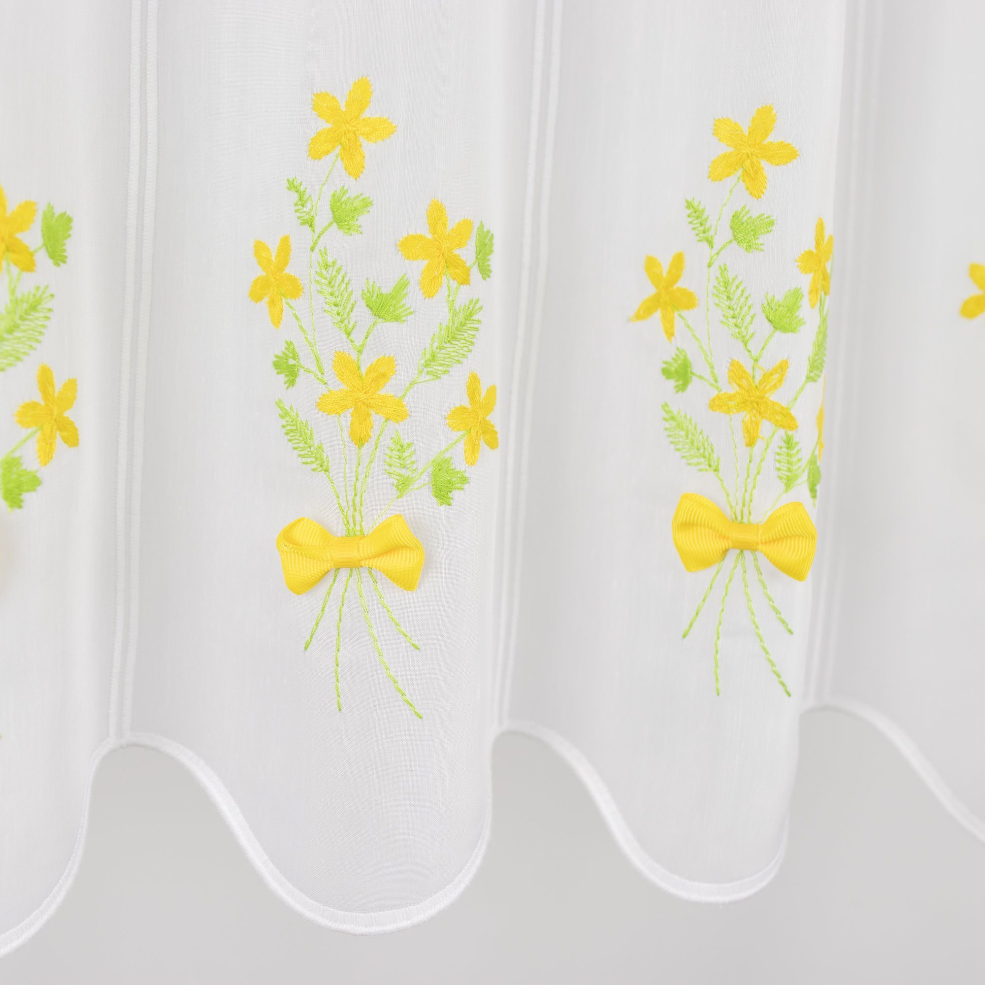 EXPERIENCE Scheibengardine Scheibengardine Kurzgardine Küchengardine Bistrogardine Fay Weiß Batist Blumen Schleife Grün Gelb 45x155 cm (1 St), Durchzuglöcher, halbtransparent, Applikation