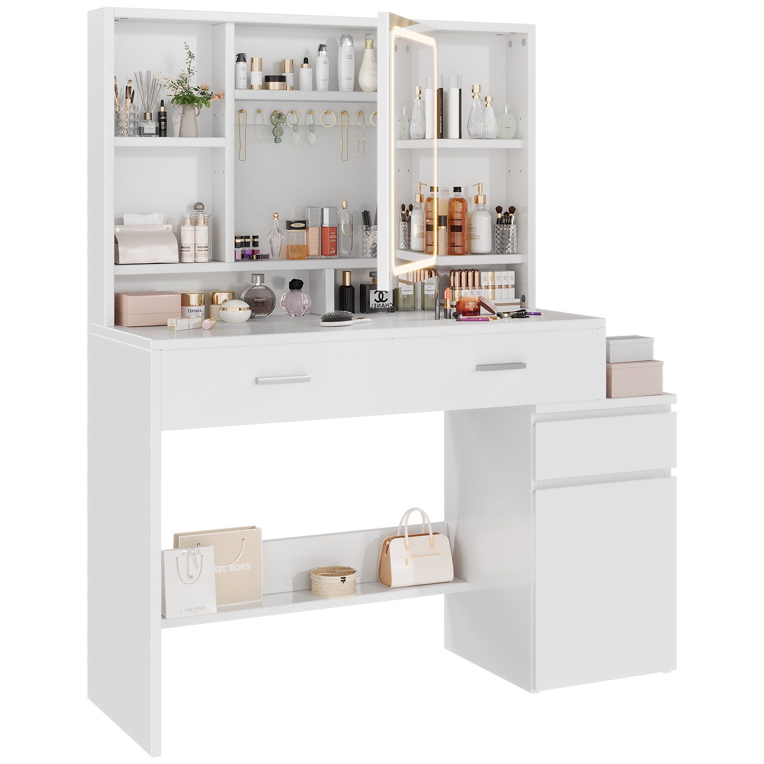 Furnicopia Schminktisch Mit dreifarbiger LED-Beleuchtung Weiß Mit 8 Fächern günstig online kaufen