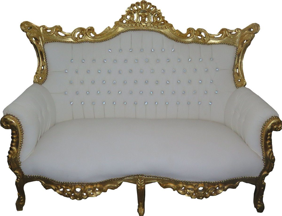 Casa Padrino 2-Sitzer Barock 2-er Sofa Master Weiß Lederoptik / Gold mit Bling Bling Glitzersteinen - Antik Stil Möbel - Limied Edition