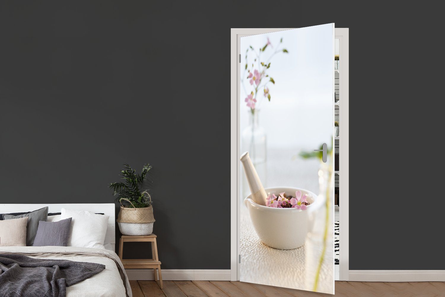 MuchoWow Türtapete Türaufkleber, bedruckt, Fototapete Tür, für Ein (1 mit rosa Mörser St), 75x205 Matt, cm Blütenblättern