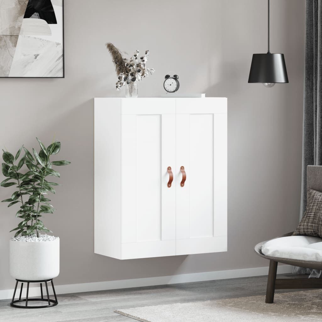 furnicato Wandhängeschrank Weißer Wandschrank 69,5 x 34 x 90 cm aus Holzwerkstoff und Kunstleder, 1-tlg., Hängeschrank mit 3 Fächern und Ledergriffen für das Schlafzimmer