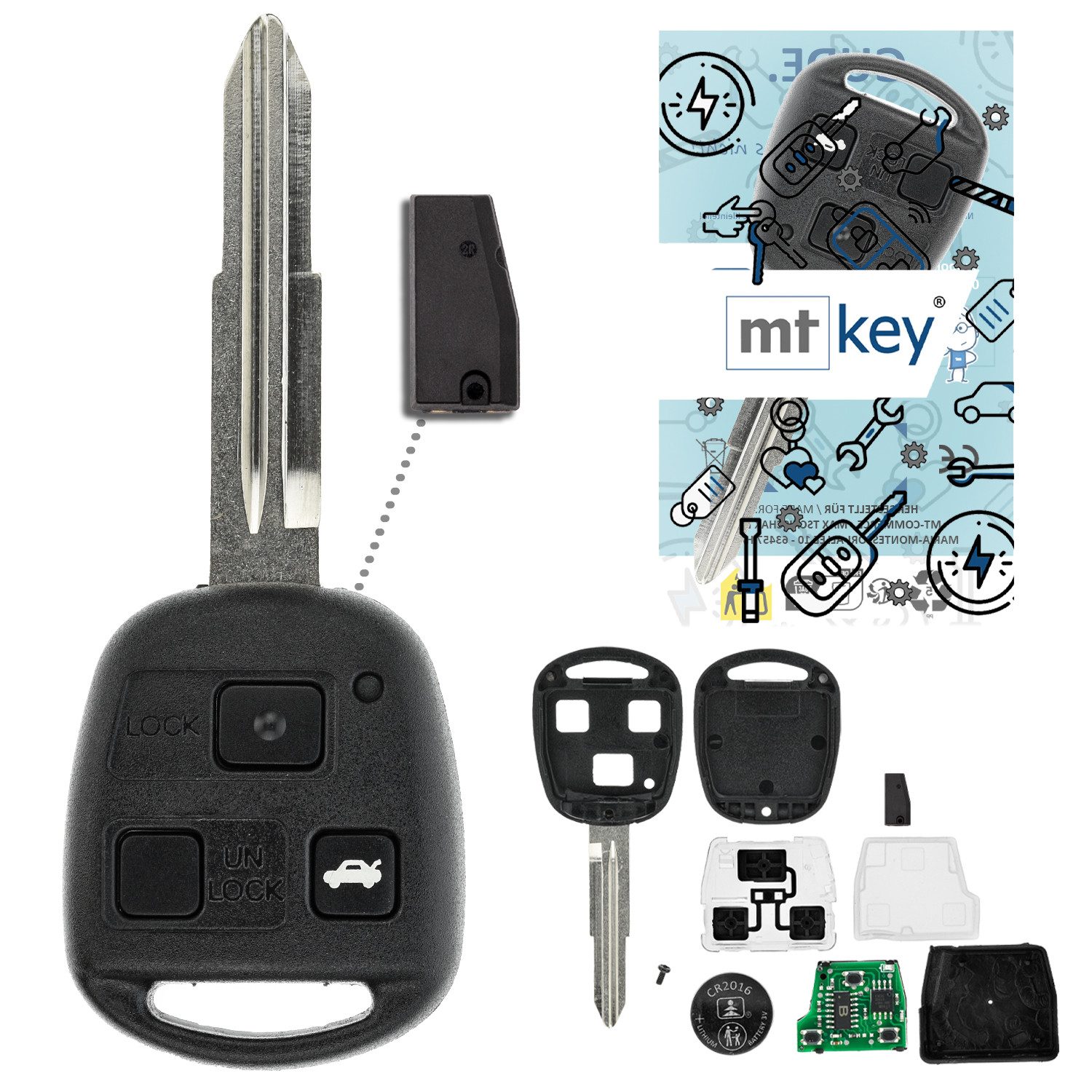 mt-key Schlüsseltasche Auto Funk Schlüssel Fernbedienung TOY41 434MHZ ID67 (Set), für Toyota Highlander (U20, 04–07); Land Cruiser (J120, 02–09)
