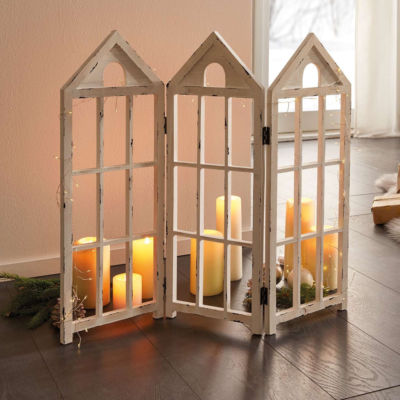 Dekoleidenschaft Paravent "Häuser" Deko aus Holz im Shabby Look, weiß, 66x5 günstig online kaufen