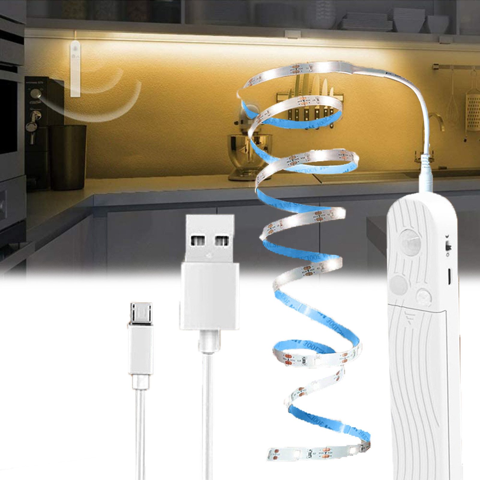 LED Stripe Lichtstreifen Bewegungsmelder, USB-/Batteriebetrieben Streifen, 2 Modus