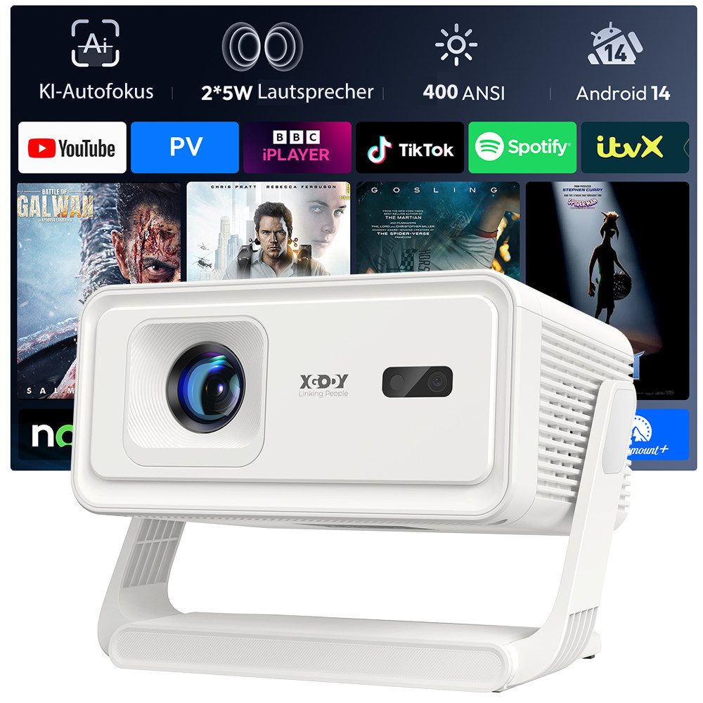 XGODY Gimbal A1 Smart Projektor – Android 14, WLAN 6, BT 5.4, Autofokus LCD-Beamer (400 lm, 10000:1, 3840 x 2160(400 ANSI Lumen) px, Auto-Trapezkorrektur, Tragbarer 8K-Filmprojektor)
