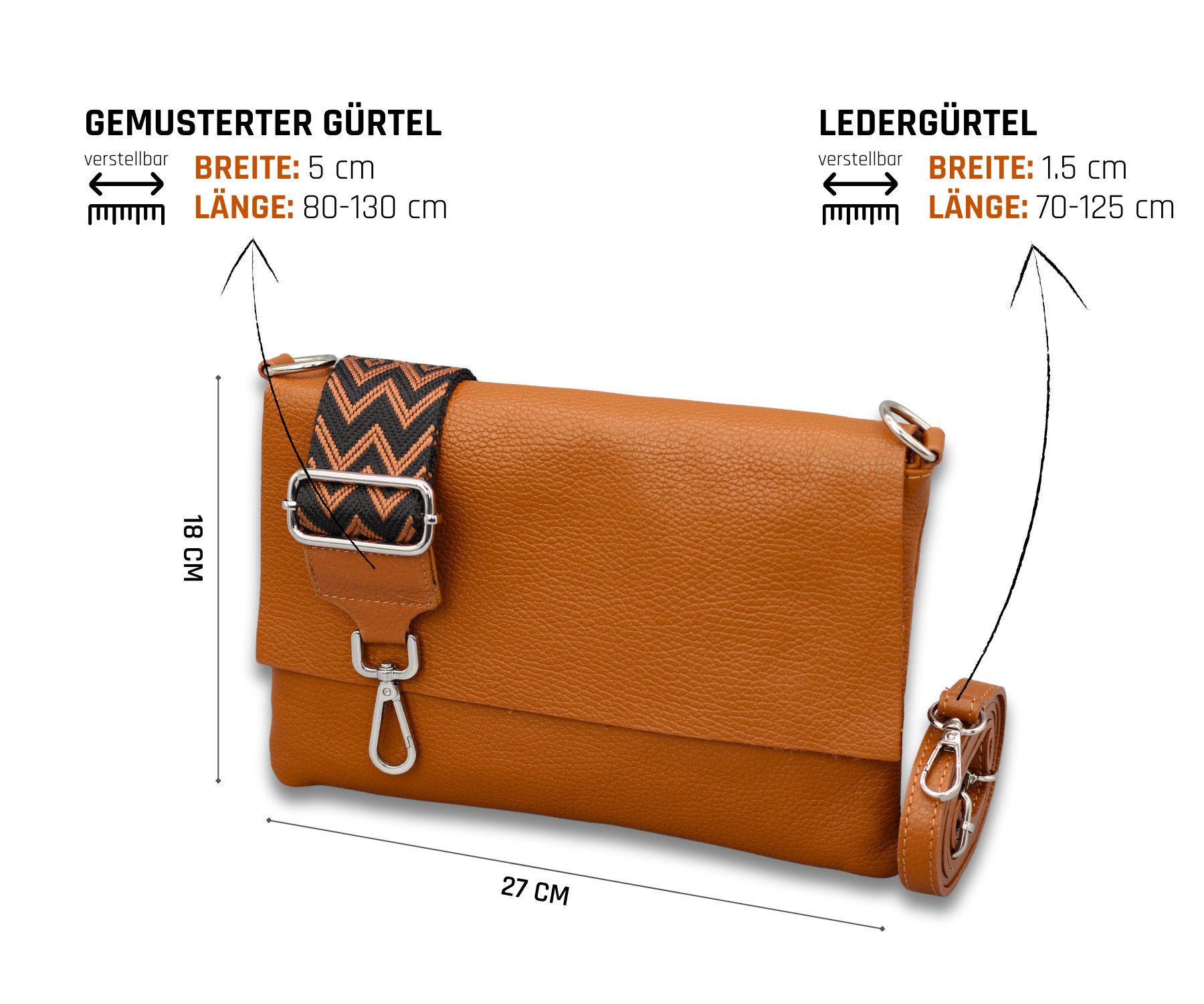 Adel Bags Schultertasche CALI Schlanke Tasche mit 3 Fächer, Slim Crossbody Bag Echtes Leder