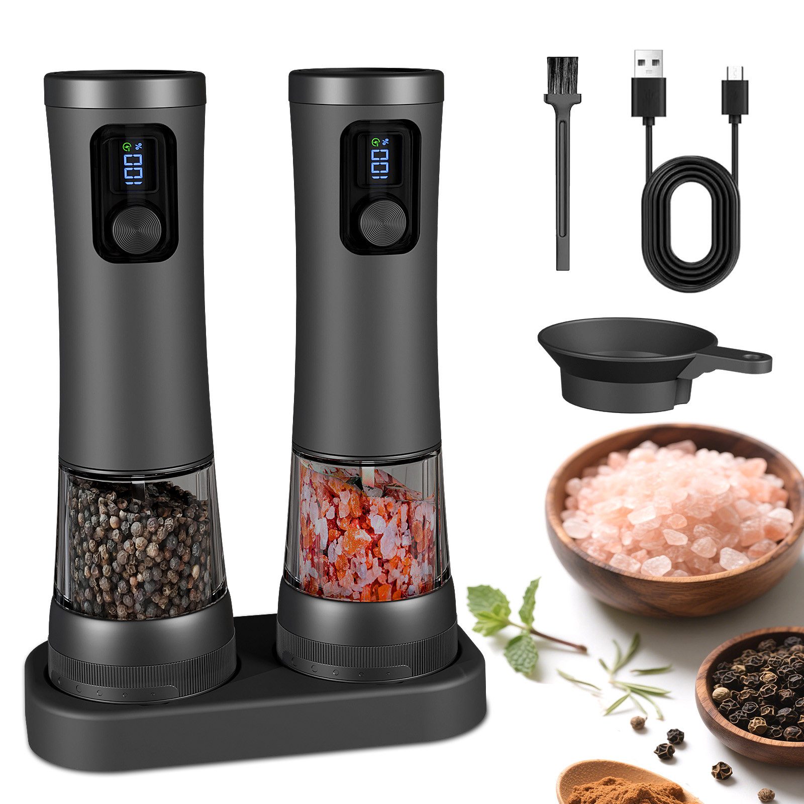 Forrlite Salz-/Pfeffermühle Pfeffermühle elektrisch, Gewürzmühle elektrisch 2er Set (Wiederaufladbar, LED Beleuchtung, mit einstellbarem Keramikmahlwerk, Reinigungsbürste Bürste), für BBQ, Restaurant, Küche