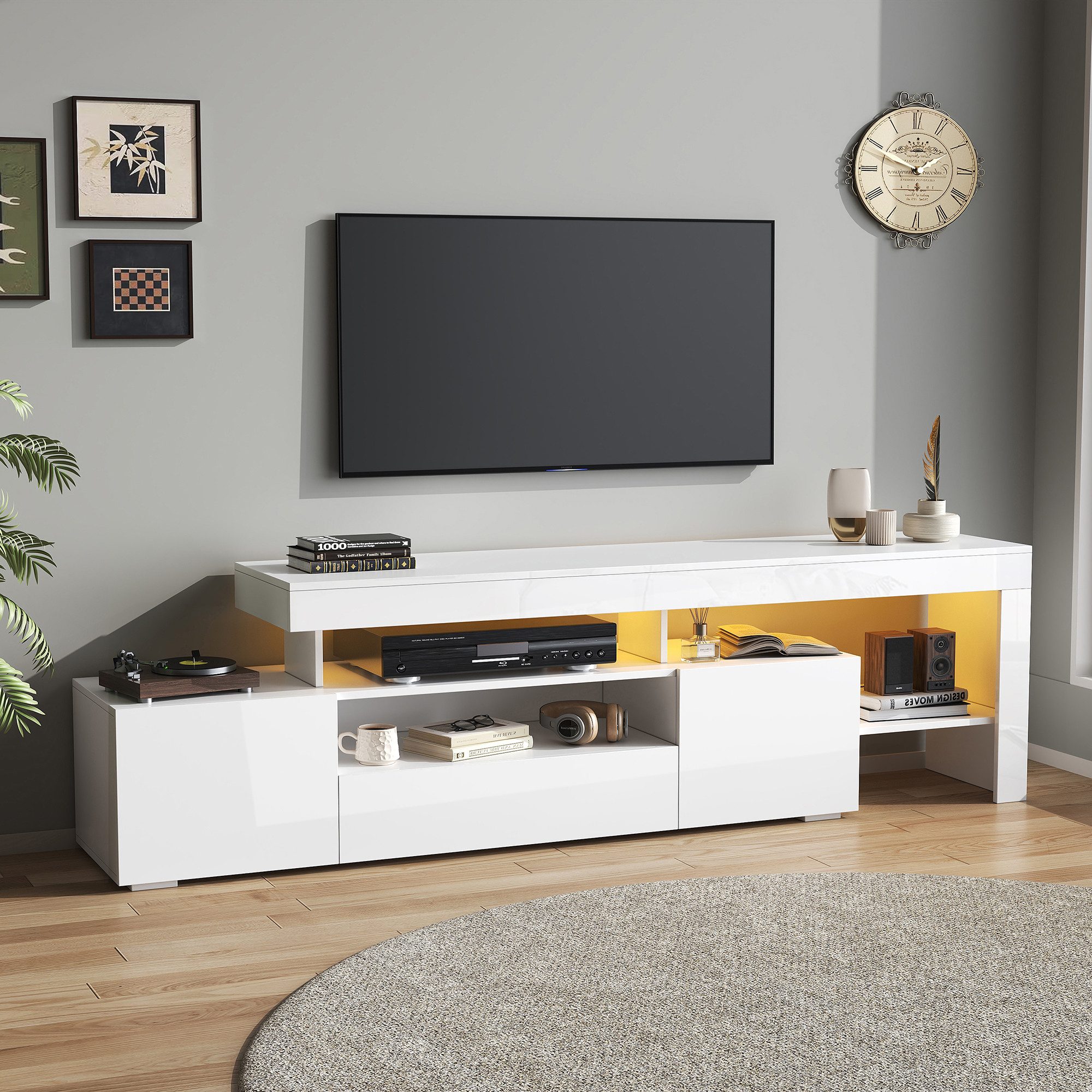 MODFU TV-Schrank Lowboard (Fernsehschrank, Fernsehtisch, Kommode, 1-St., mit 3 Schränke) mit LED, für Fernseher um 85 Zoll