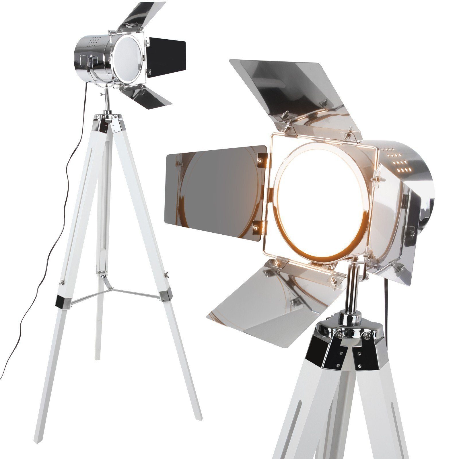 Jago Stehlampe Stehlampe mit Stativ aus Holz - Verchromter Stahl, LED, E27,max. 148cm Weiß Matt