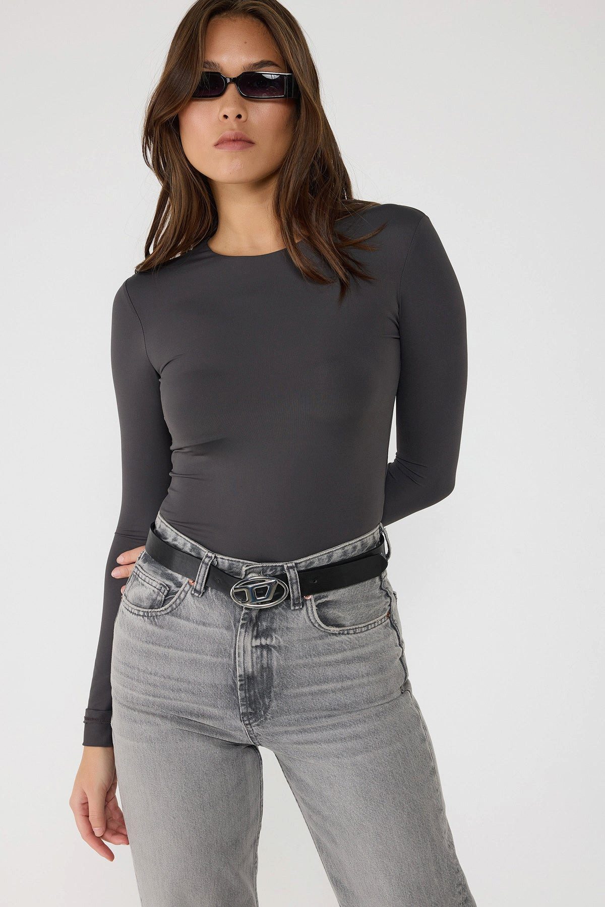 No Matter What Kurzarmbody Langärmliger Body aus Polyamidgewebe mit Druckknöpfen an der Unterseit