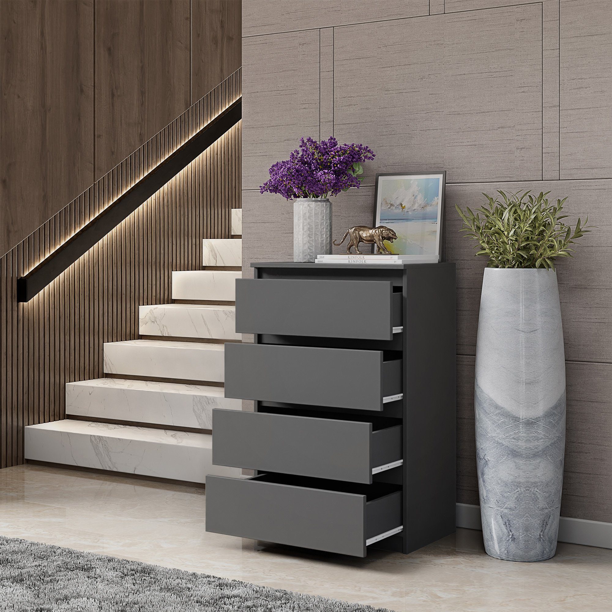 Furnica Kommode GABRIEL 4 Schubladen - Anthrazit Grau H92cm B60cm T33cm – Bild 4 von 5