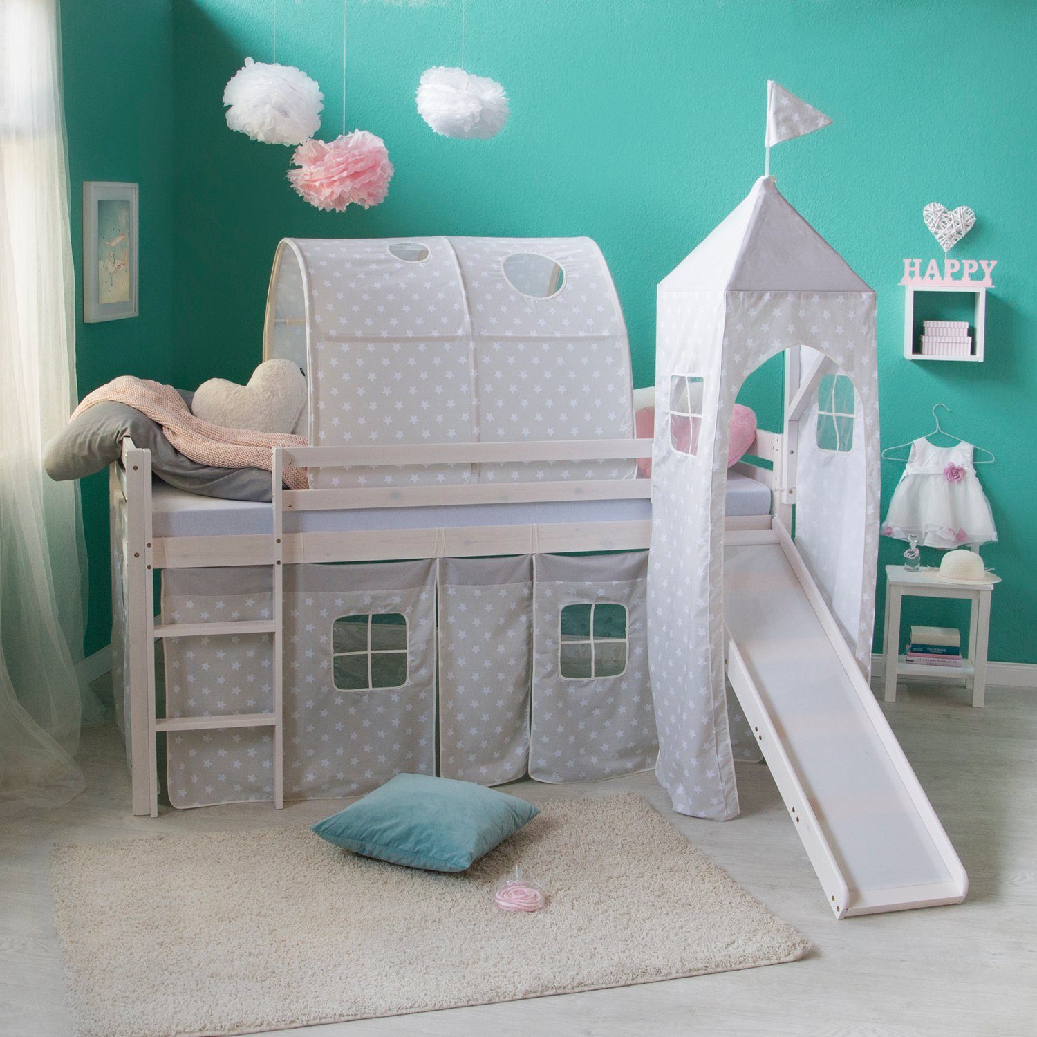 Homestyle4u Hochbett 90x200 Weiß mit Vorhang günstig online kaufen