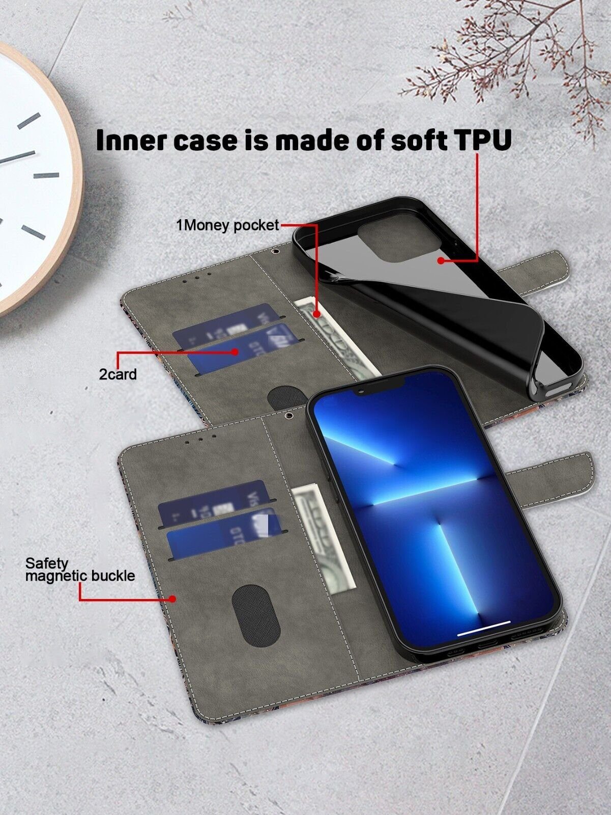CLM-Tech Handytasche für Samsung Galaxy S26 6,3 Zoll Hülle aus PU-Leder Klapphülle (goldener Rand Kontur, 1-tlg., Handyhülle mit Standfunktion - Flip Case inklu – Bild 3 von 5