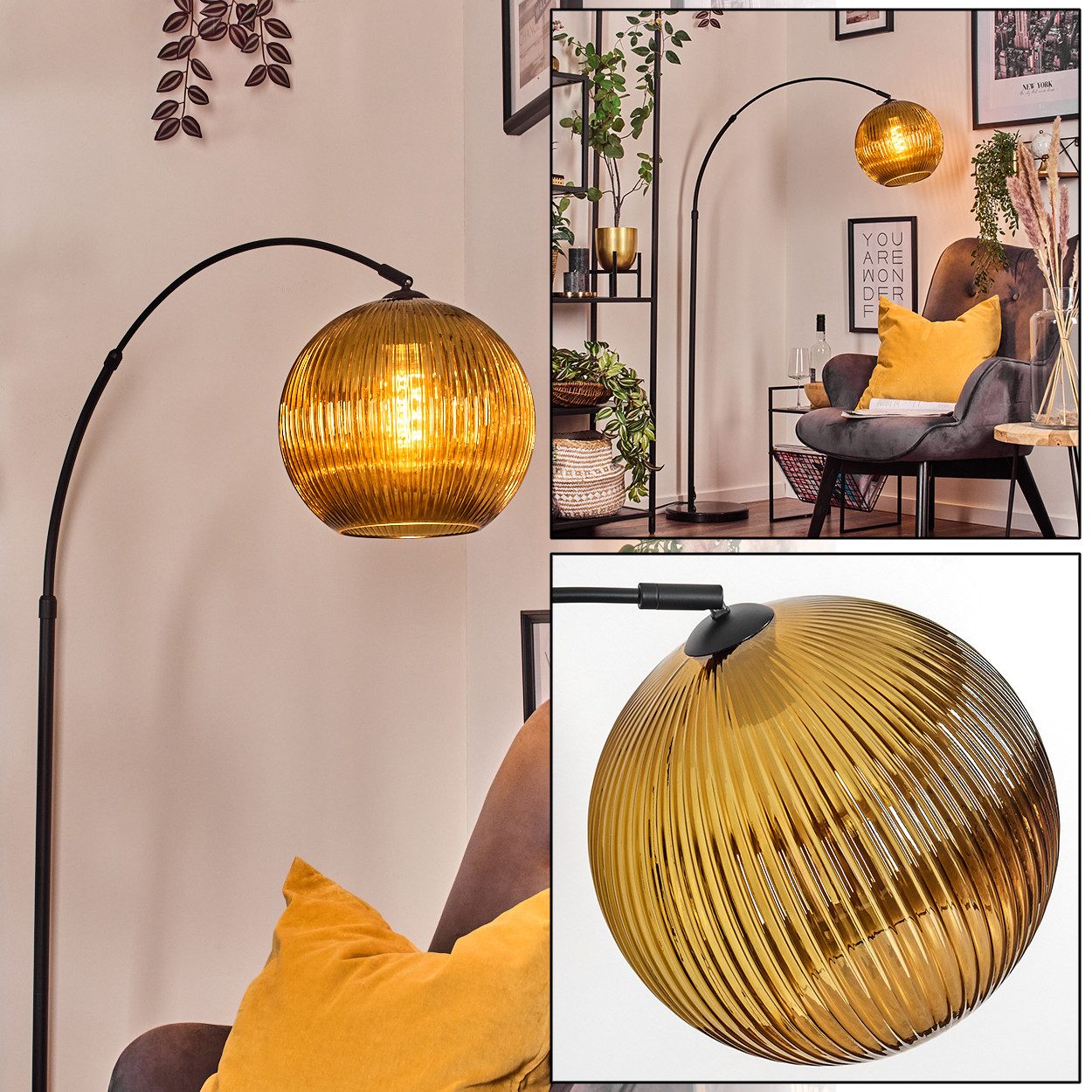 Stehlampe Stehlampe aus Metall/Riffelglas in Schwarz/Goldfarben mit Marmorfuß