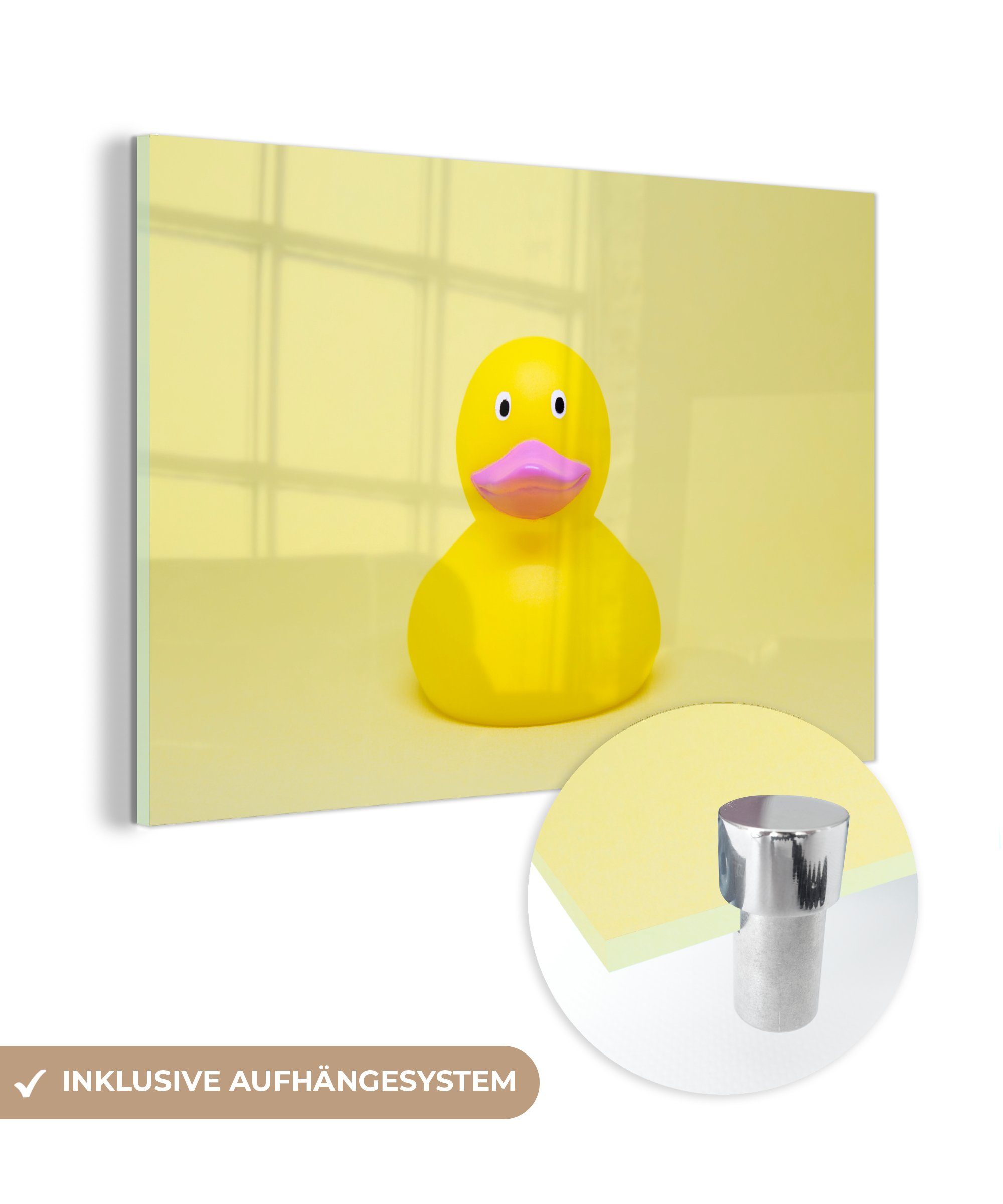 MuchoWow Acrylglasbild Gummi-Ente - Gelb - Rosa, (1 St), Acrylglasbilder Wohnzimmer & Schlafzimmer