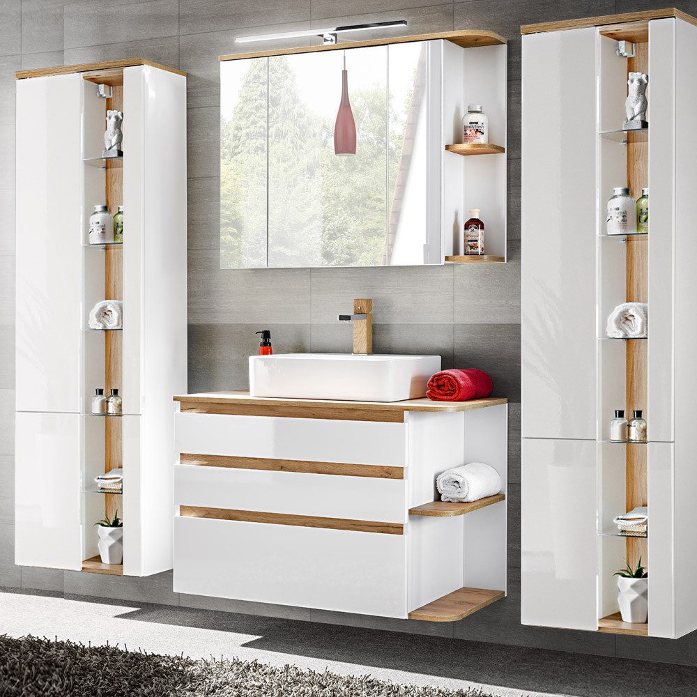 Lomadox Badmöbel-Set CAMPOS-56, (Spar-Set, 6-St), weiß mit Wotaneiche 2 Hoc günstig online kaufen