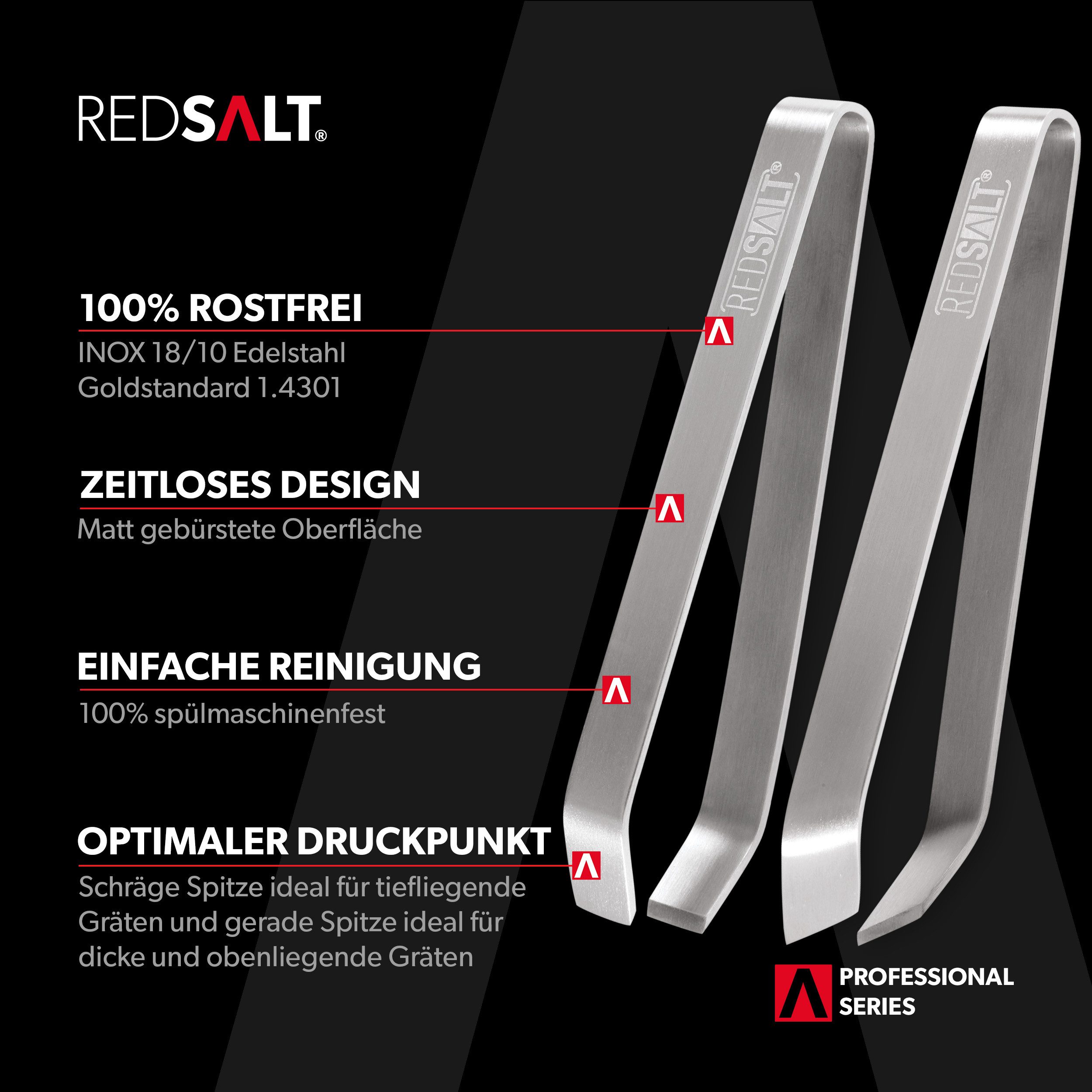 REDSALT® Grätenzange Profi Grätenpinzetten 2er Set Fischgräten Pinzette, INOX 18/10 Edelstahl, 100% rostfrei, spülmaschinengeeignet