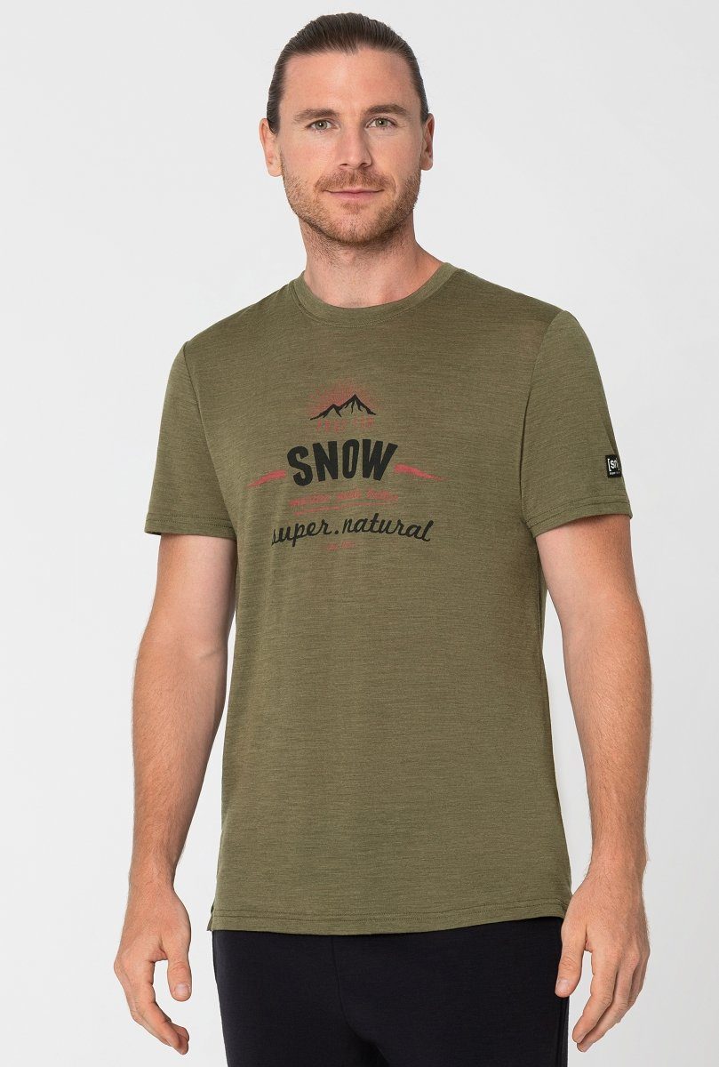 Print-Shirt SUPER.NATURAL SNOW Merino Night M Red PRAY T-Shirt funktioneller Olive FOR Merino-Materialmix Black/Aurora Melange/Jet TEE