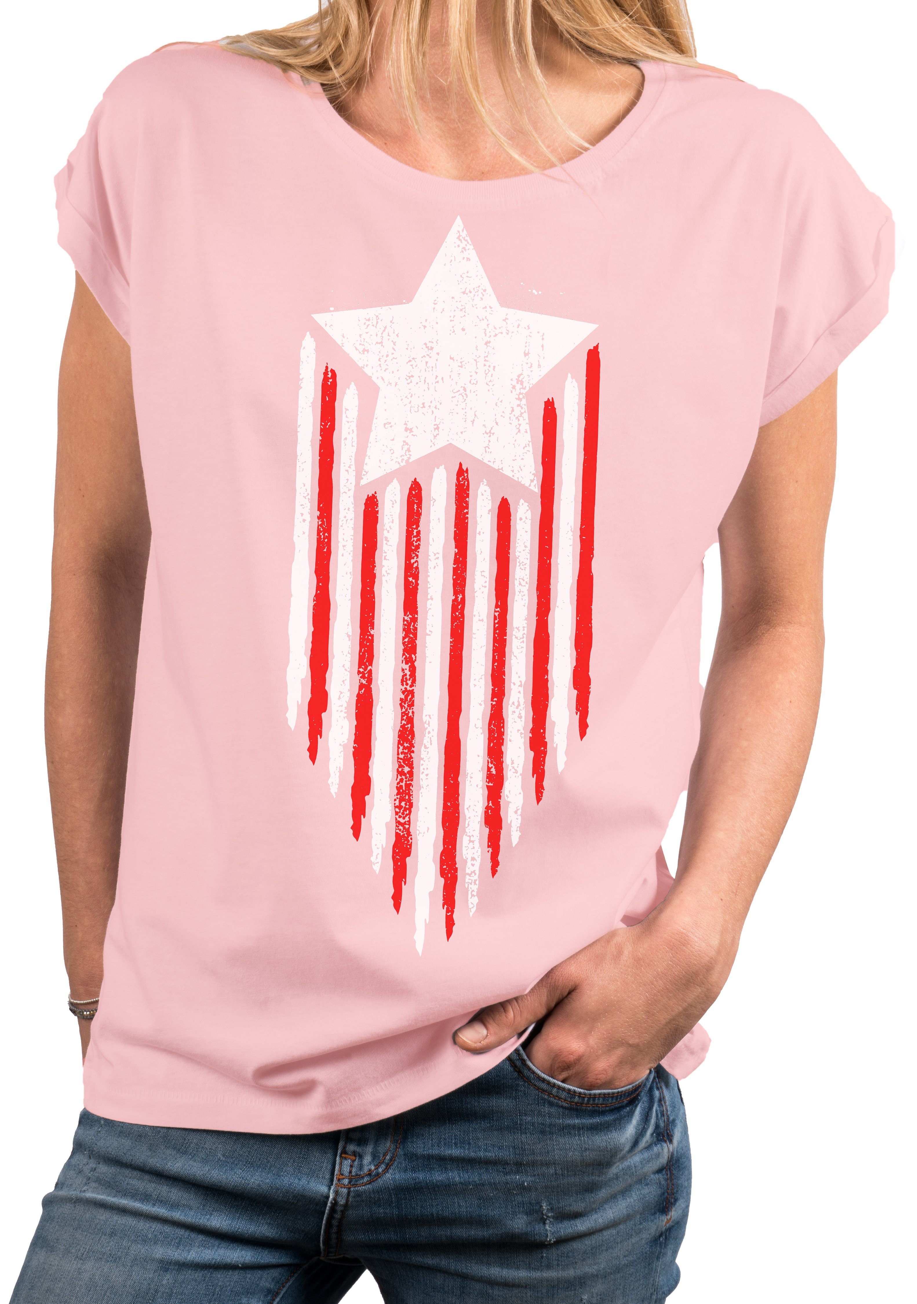 MAKAYA Print-Shirt Vintage Amerika Fahne amerikanische Flagge Damen Top Kurzarmshirt, große Größen Rosa