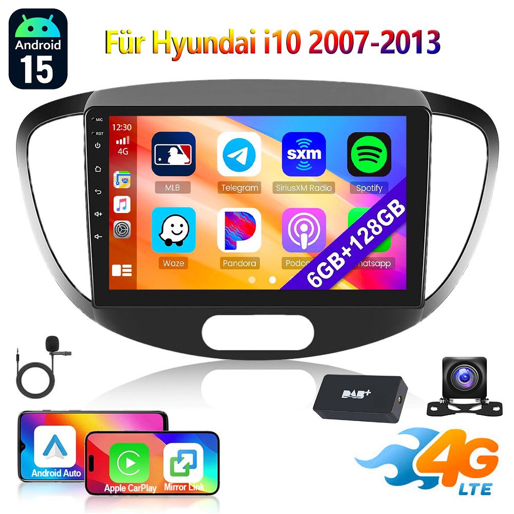 ESSGOO DAB+ Autoradio Für Hyundai i10 PA 2007-2013 6+128G Android 15 Carplay Autoradio (RDS, Digitalradio (DAB), FM, AM, 6+128G, Carplay Android Auto Bluetooth EQ USB GPS Navi WIFI Touchscreen)