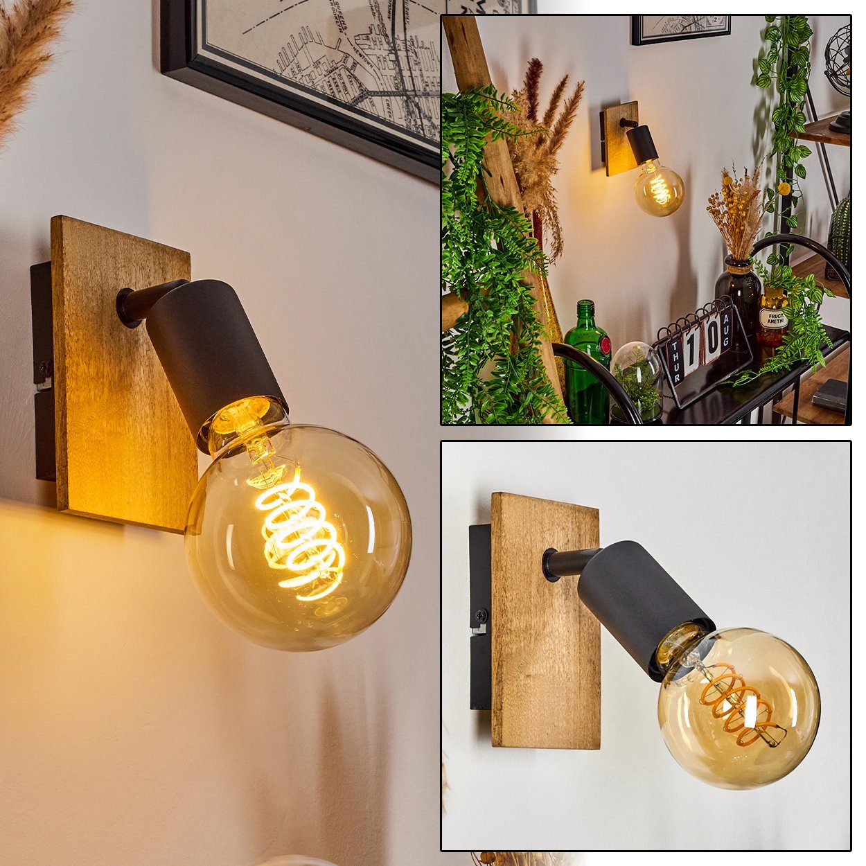 hofstein Wandleuchte »Agnino« Wandlampe aus Metall/Holz in Schwarz/Natur, ohne Leuchtmittel, Leuchte im Retro/Vintage Design mit verstellbarem Strahler, 1xE27