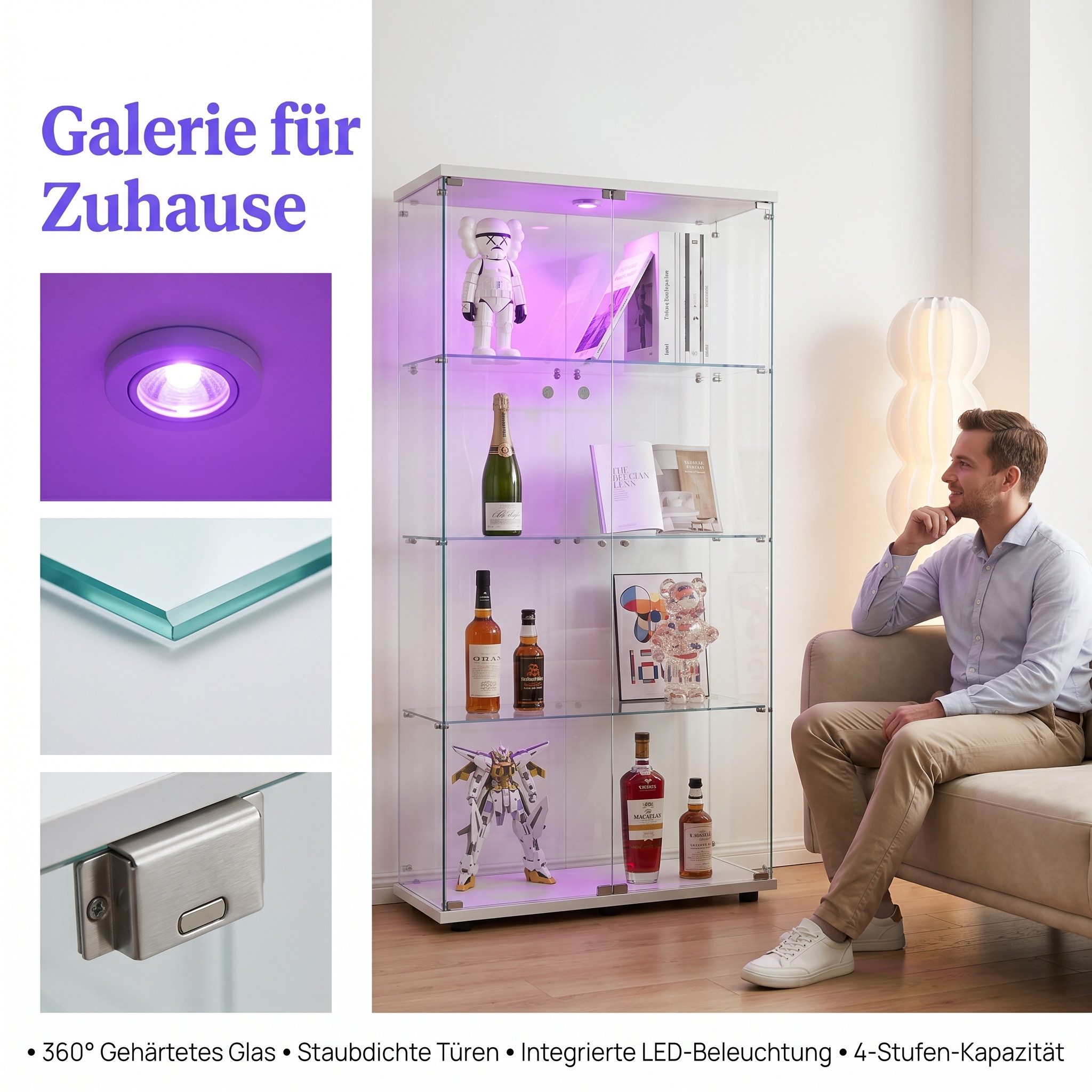 NMCXXO Glasvitrine Glasvitrine mit LED-Beleuchtung, modern und stilvoll (1 tlg) Standvitrine/Glasvitrine 2x Glastür 4-lagig, Große Kapazität