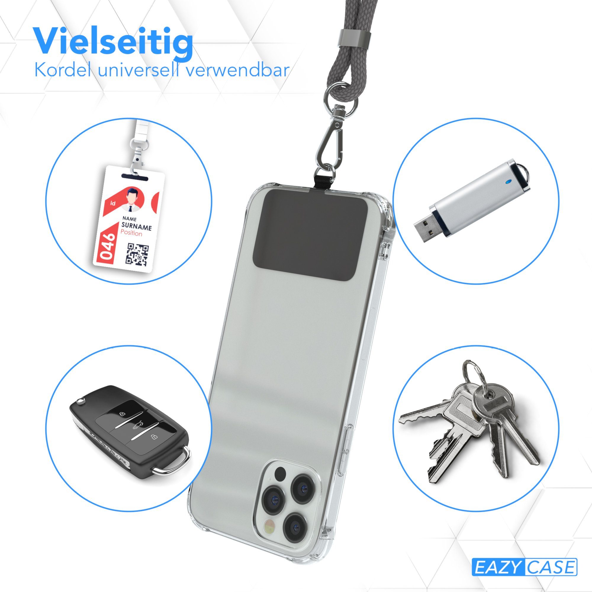 EAZY CASE Handykette Universal für jedes Smartphone zum Umhängen, Universales Handyband mit Carabiner wechselbare Kordel Schwarz Rose – Bild 3 von 5