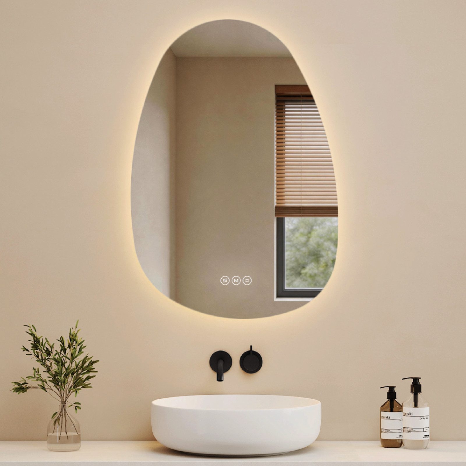 EMKE Badspiegel Asymmetrischer Badezimmerspiegel mit LED-Beleuchtung und 3 Lichtfarben (Kieselsteinform), Memory-Funktion, einstellbare Helligkeit Antibeschlag IP44, 45 x 65 cm