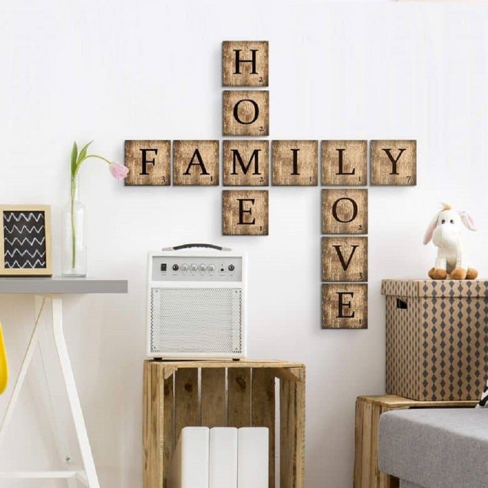 K&L Wall Art Deko-Buchstaben Vintage Scrabble Schild Holzbuchstabe 10cm LOVE Schriftzug, 9mm Birke Furnier Wandschild
