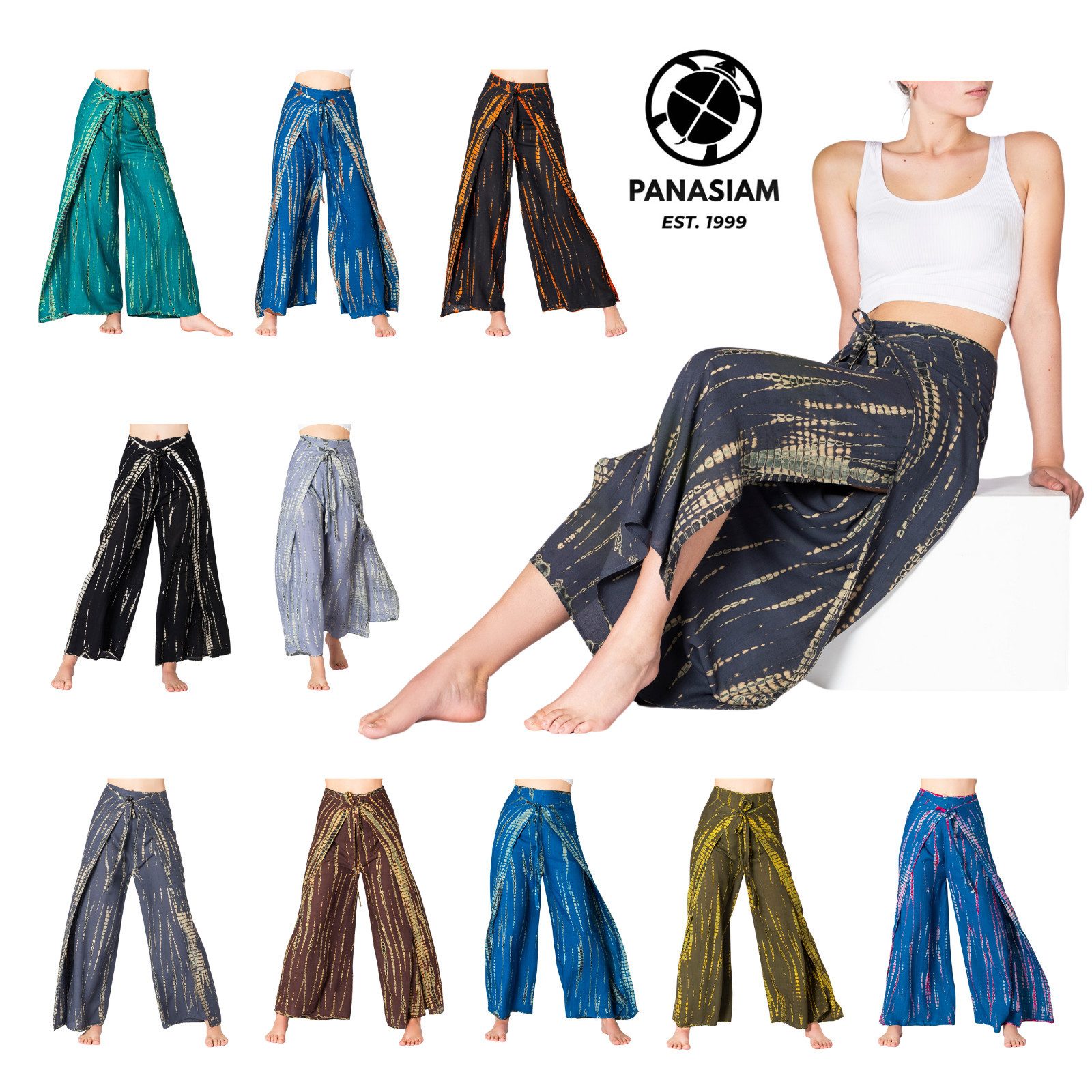 PANASIAM Palazzohose Sunshine Hosenrock im Tie-Dye Design luftige Wickelhose Palazzohose aus natürlicher Viskose Culotte mit weitem Bein für Urlaub Strand Büro
