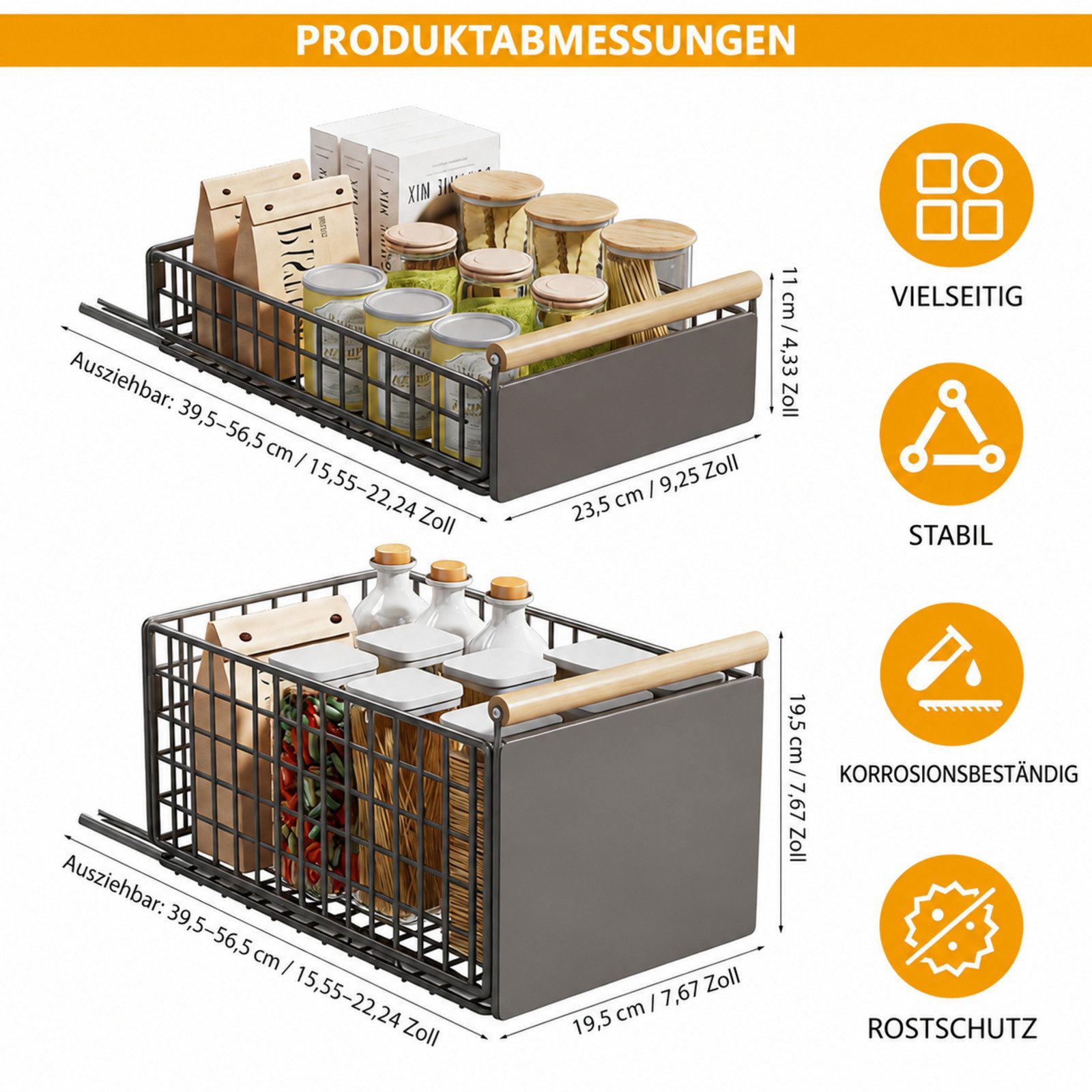 LEMLIT Küchenregal 2Pack Faltbarer Ausziehbare Schubladen-Regalaufbewahrung, 2 Packung 2-tlg., 2 Stück Teleskopschublade, Faltbarer Schrank-Organizer für die Kü – Bild 2 von 5