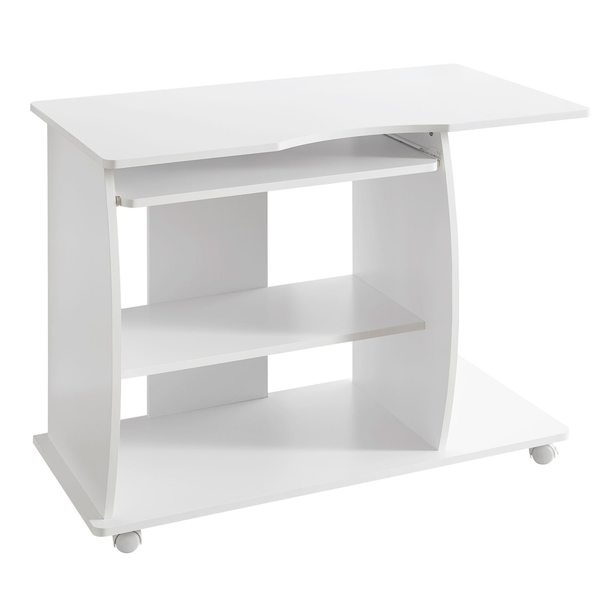 möbelando Schreibtisch Computertisch GRASSE rollbar Weiß 90 x 71 x 50 cm mit Tastaturauszug, 90 x 71 x 50 cm (B/H/L)
