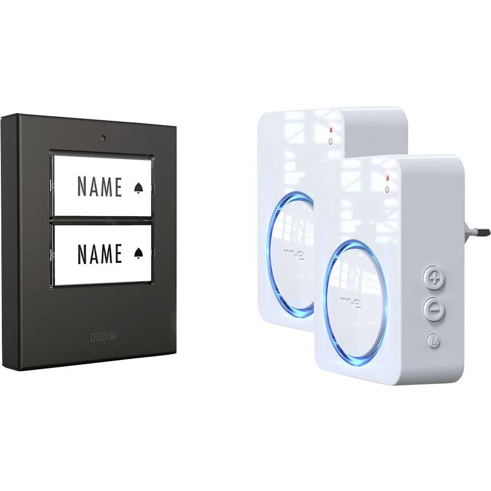 m-e Smart Home Türklingel Funkklingel Komplett-Set beleuchtet, klangaktiv, mit Bewegungsmelder, (beleuchtet, klangaktiv, mit Bewegungsmelder, mit Namensschild)