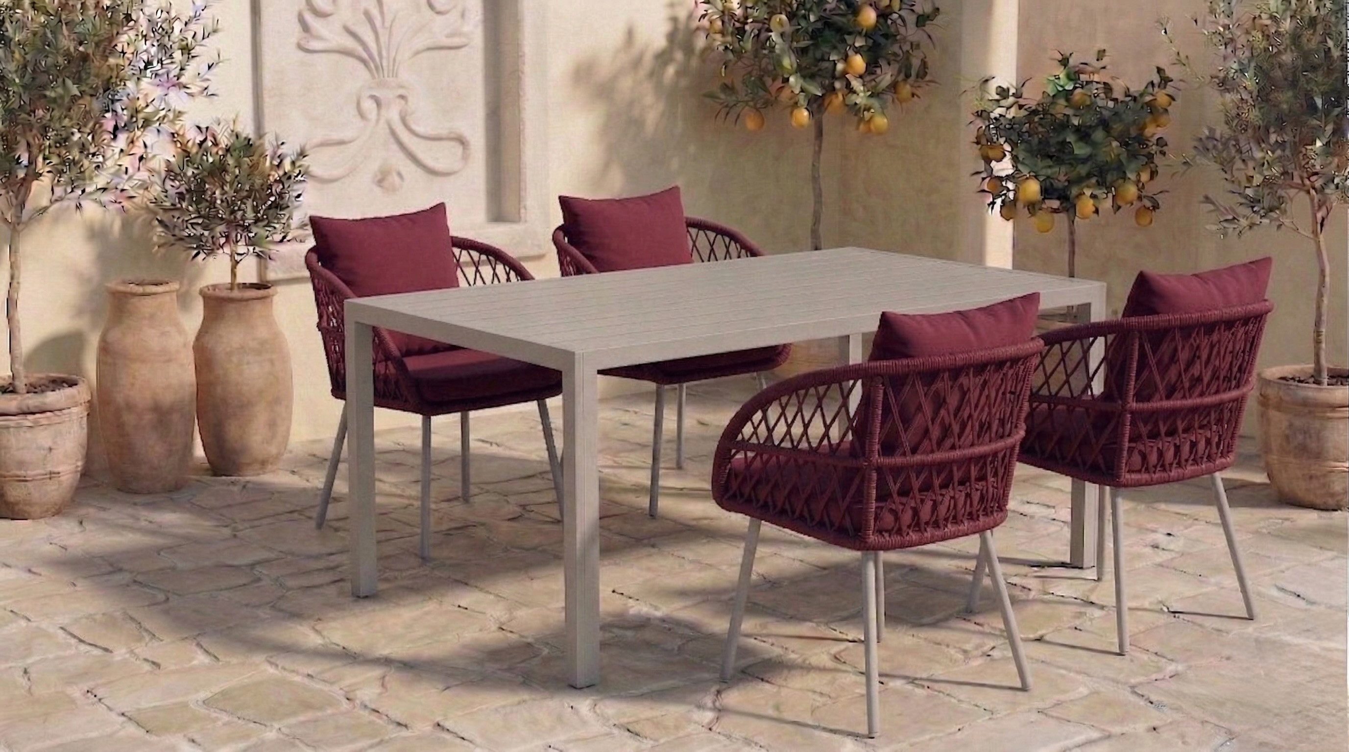 MCW Garten-Essgruppe Essgruppe Garten Alu Essgruppe Set Tisch mit 4 / 6 Geflecht Stühlen, (5-tlg)