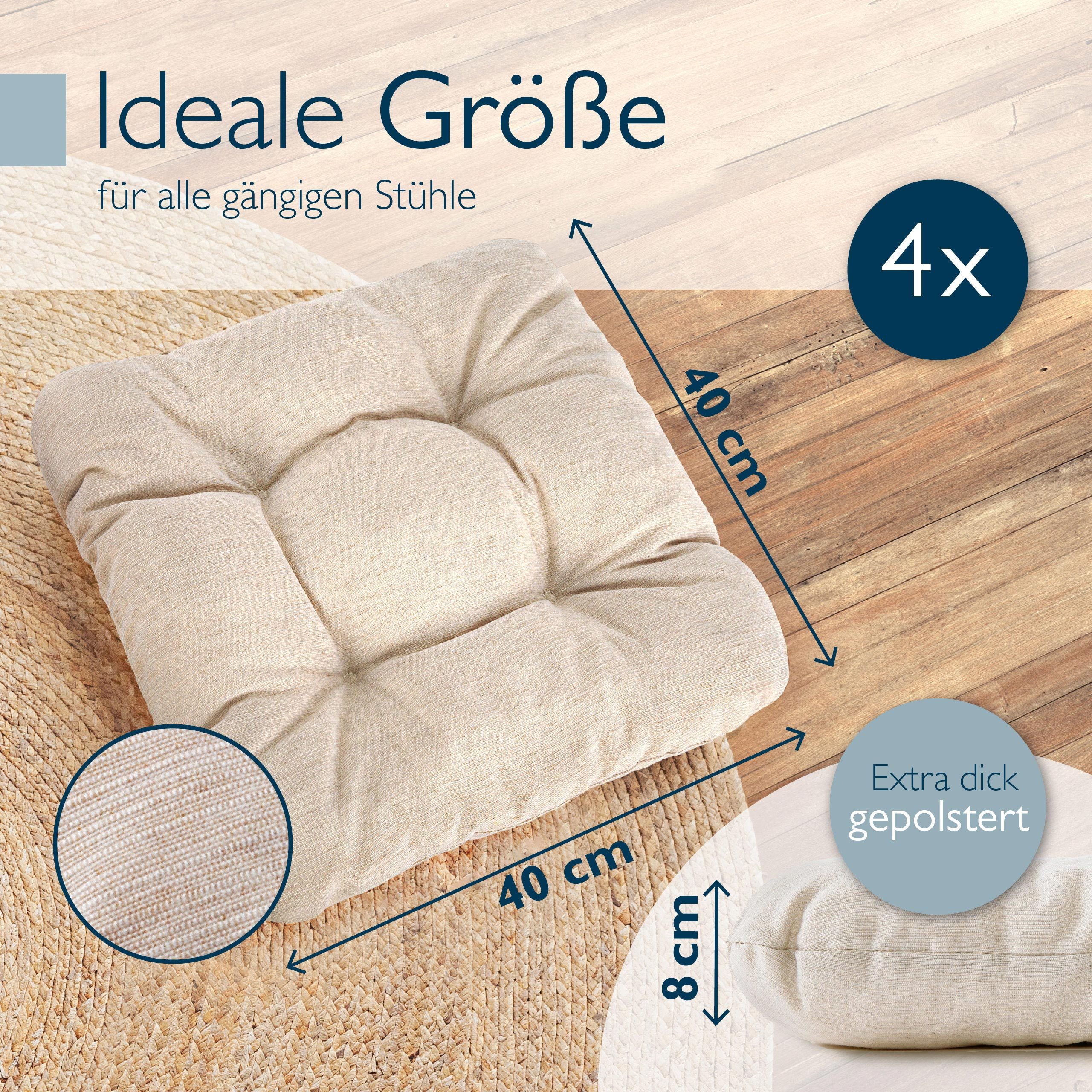 Beautissu Stuhlkissen 4er Set Premium Stuhlkissen Natur HighLux SK, 40x40x8cm, Indoor & Outdoor – Polster für Balkonstühle Gartenstuhl Sitzpolster