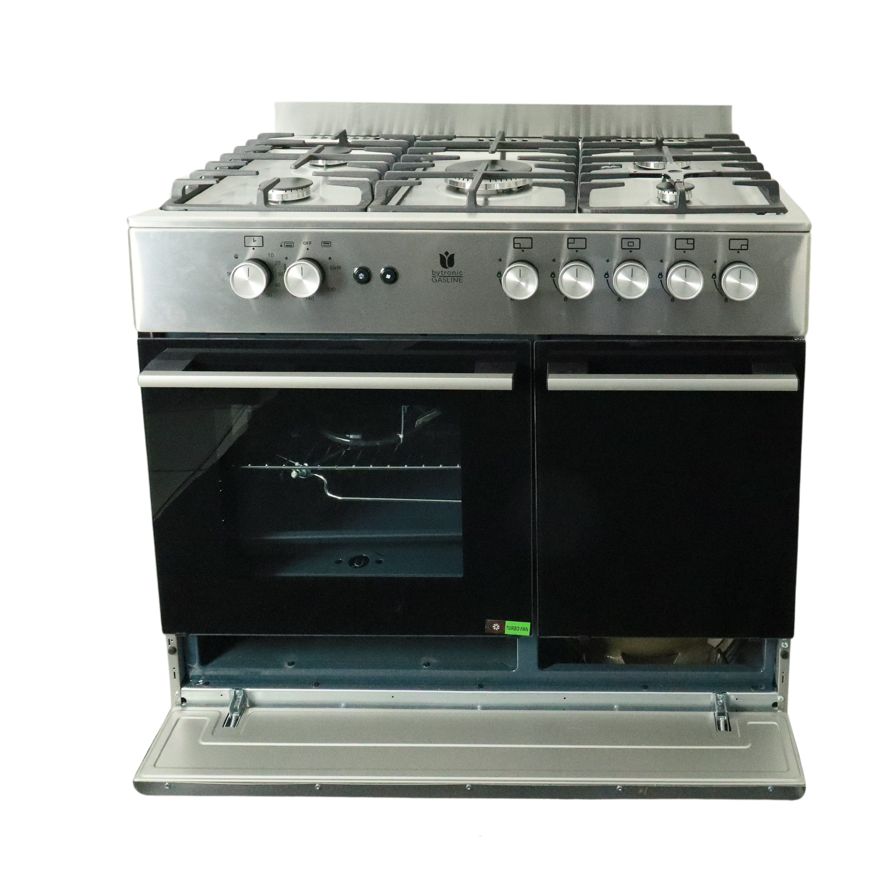 Gasline Gas-Standherd mit Flaschenschrank GAG90GOXFL, mit 1-fach-Teleskopauszug, Edelstahl, Vollzündsicherung, 90 cm breit mit WOK Brenner und Drehspieß Propangas