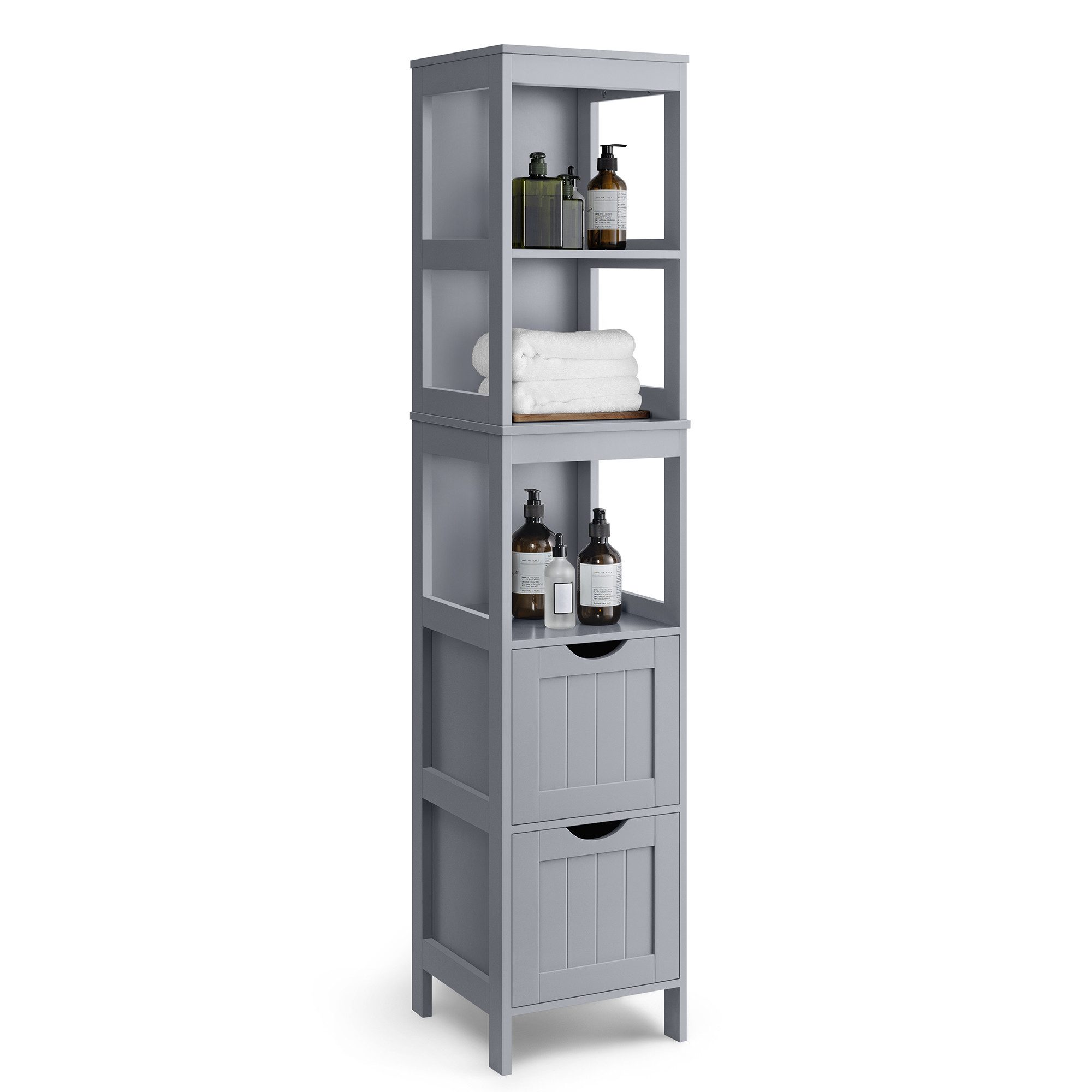 VASAGLE Badkommode Badezimmerschrank Hochschrank Schrank freistehend, schmale Säule, mit 2 Schubladen und 3 offenen Fächern