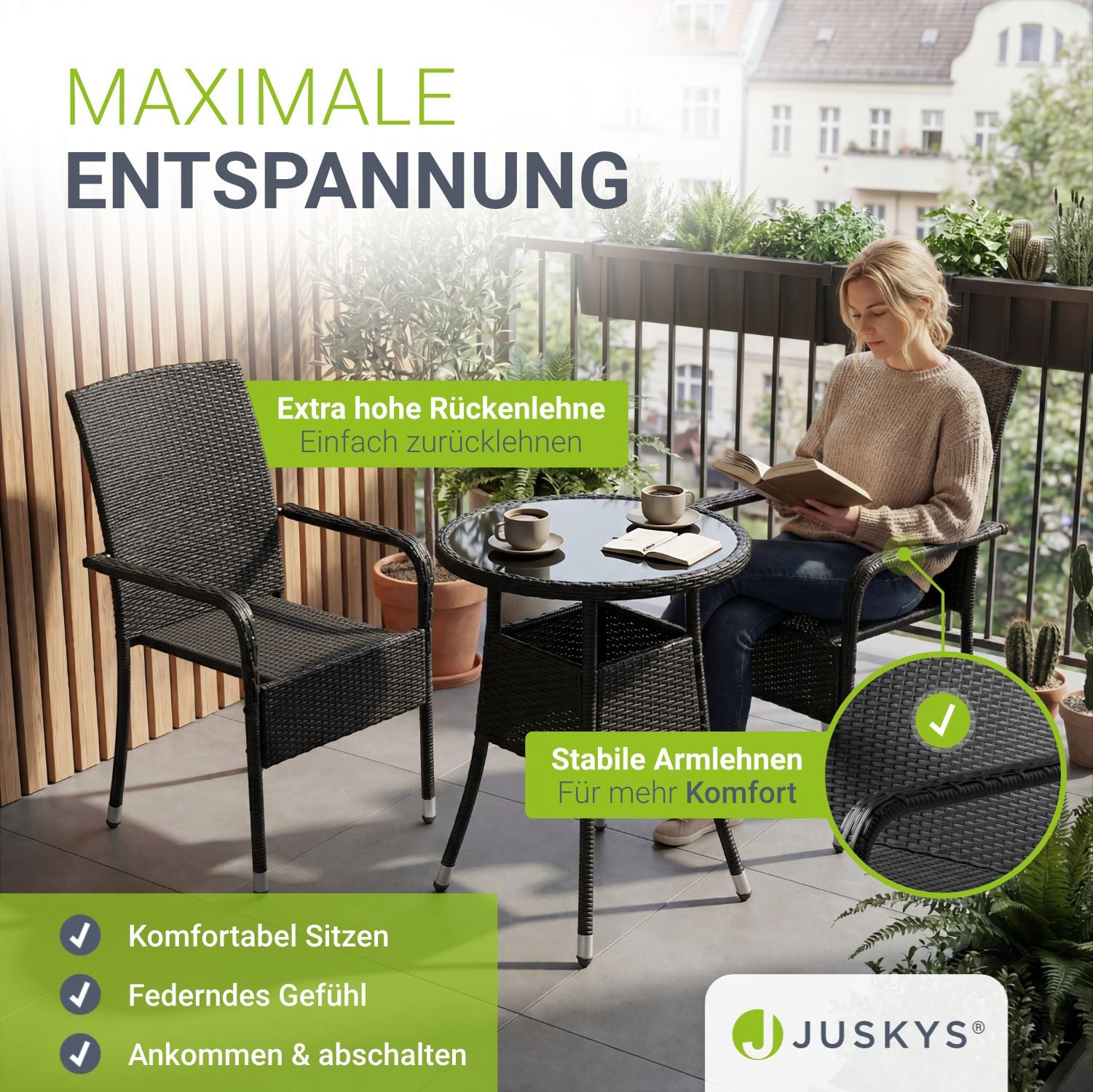 Juskys Gartenstuhl Yoro (2 St), stapelbar, modern, leicht und stabil