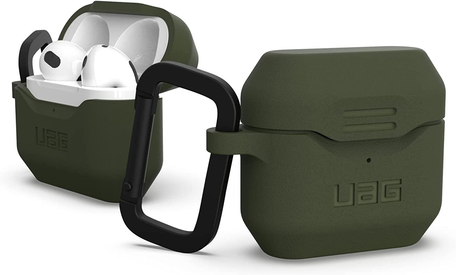 UAG Kopfhörer-Schutzhülle Standard Issue, [Apple AirPods 3 (2021) Hülle, Silikonhülle nach US-Militärstandard, Abnehmbarer Karabinerhaken, Status LED sichtbar, Wireless-Charging kompatibel] - olive