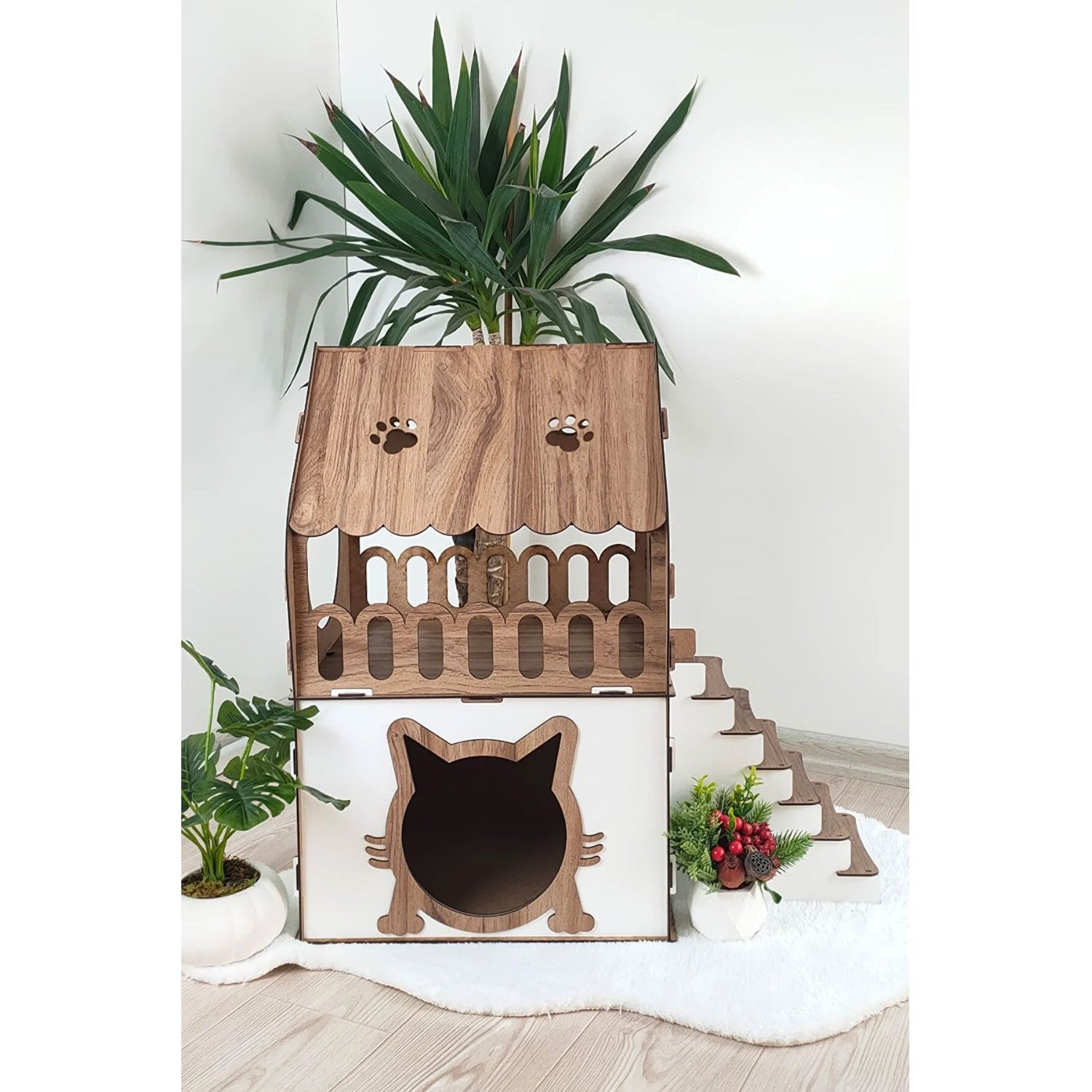 Jungengel Katzenliege XL Katzenhaus Katzenhäuschen Katzenhütte Stecksystem Katzenbett, 2-Stöckig, Einfache Montage, Bietet genügend Platz für eine Katze