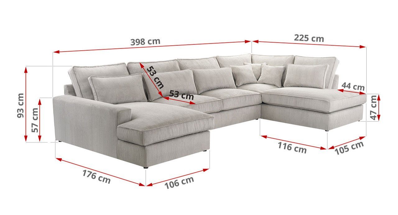 MKS MÖBEL Ecksofa Couch, Form Lincoln U modern U, Kissen, Hellgrau - CANES Design lose