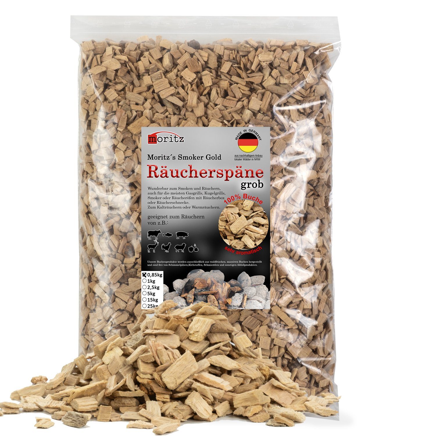 Moritz Räucherbox 0,85kg Räucherspäne Buche grob 6 -12 mm zum smoken, räuchern/kalträuchern von Fleisch, Fisch, Gemüse geeignet
