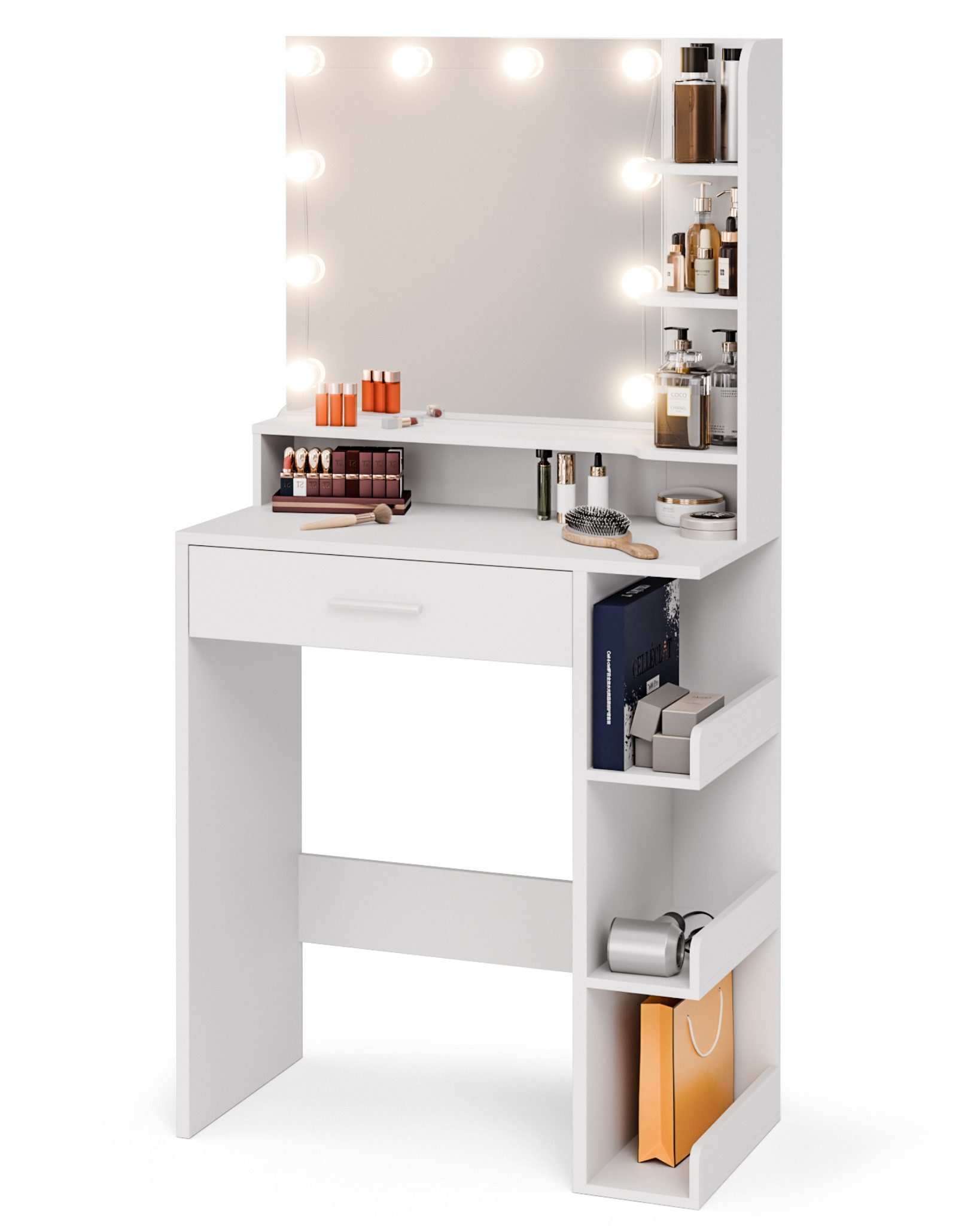 Mondeer Schminktisch Kosmetiktisch (Weiß, 67 x 36 x 138 cm), mit Spiegel und 10 LED-Lichtkugeln,1 Schublade und 7 Offenen Fächern