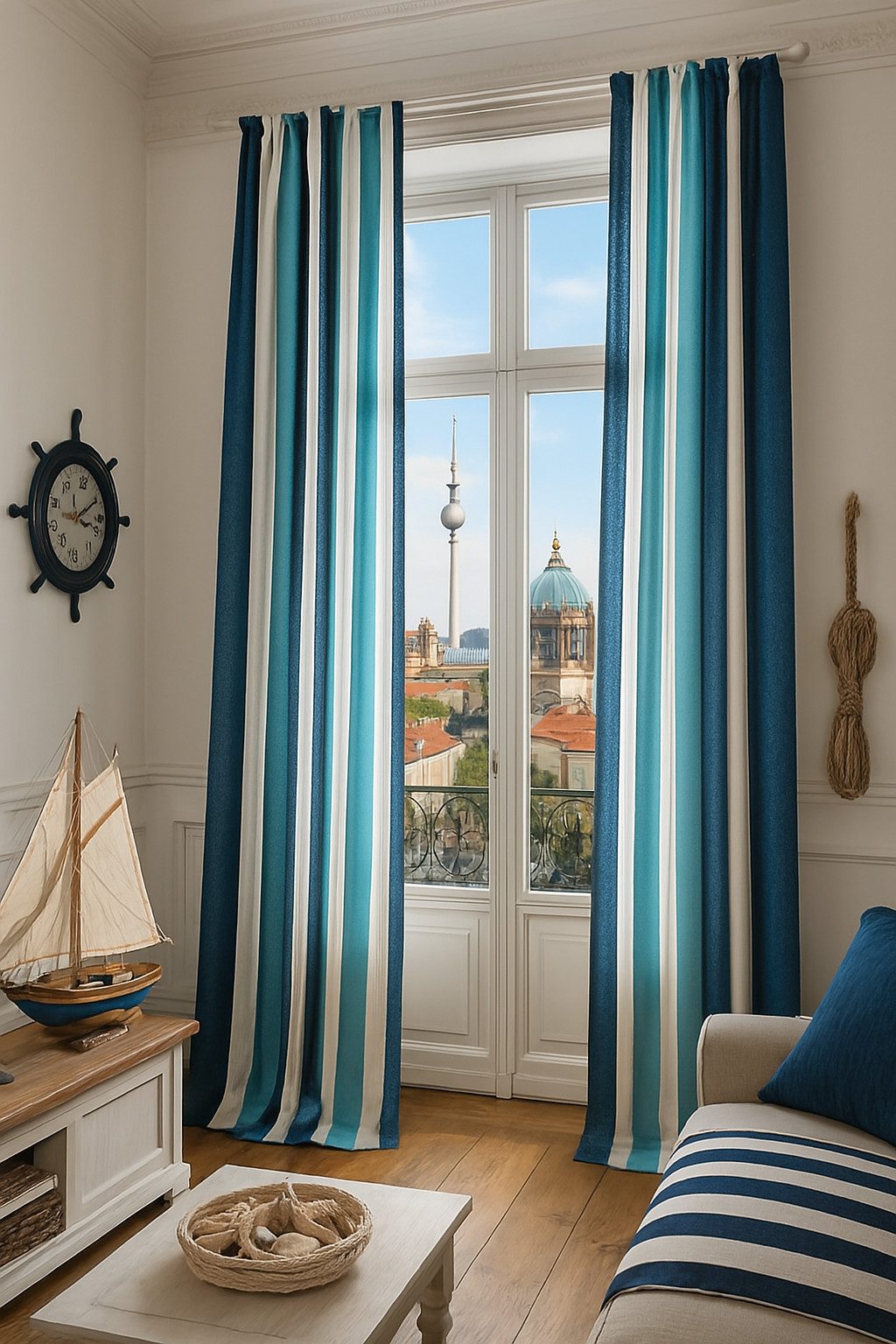 novumfix Gardine Dekoschal "Strand" blau-weiß gestreift Skandi-look 135x350cm(BxH), blickdicht, extra lang