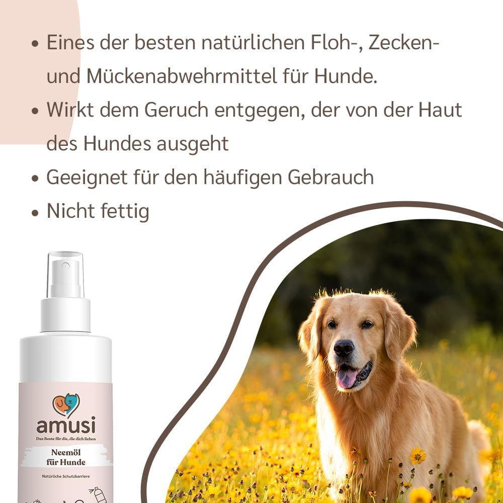 Amusi Fellpflege - Neemöl-Zeckenspray für Hunde - Natürliches Schutzspray für Hunde, 250 ml, (Zeckenschutz gegen Zecken, Insektenspray & Insektenschutz), Natürliche Formel, Vegan, ohne Parabene und Nickel